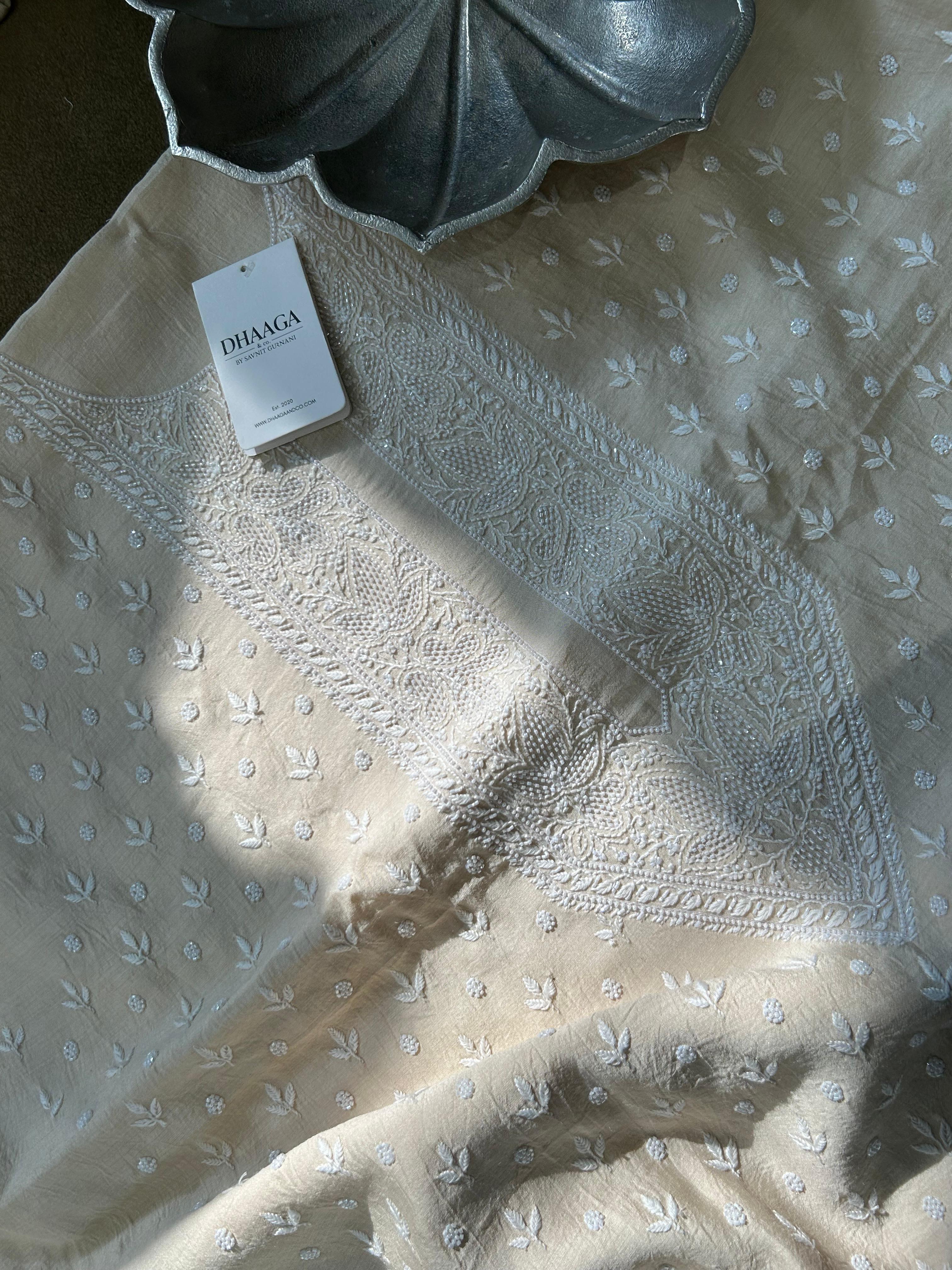 Beige Mens Munga Silk Chikankari Kurta