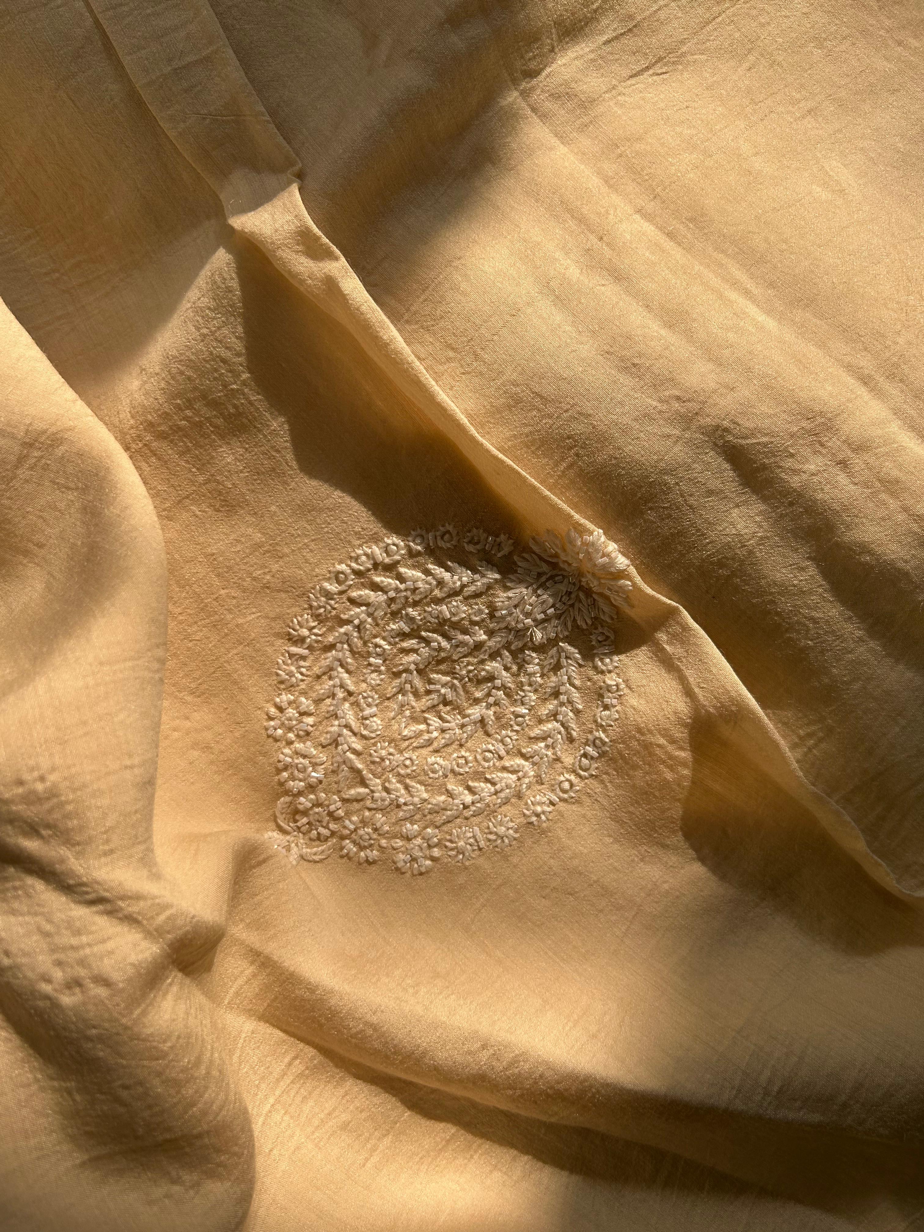 Beige Mens Munga Silk Chikankari Kurta