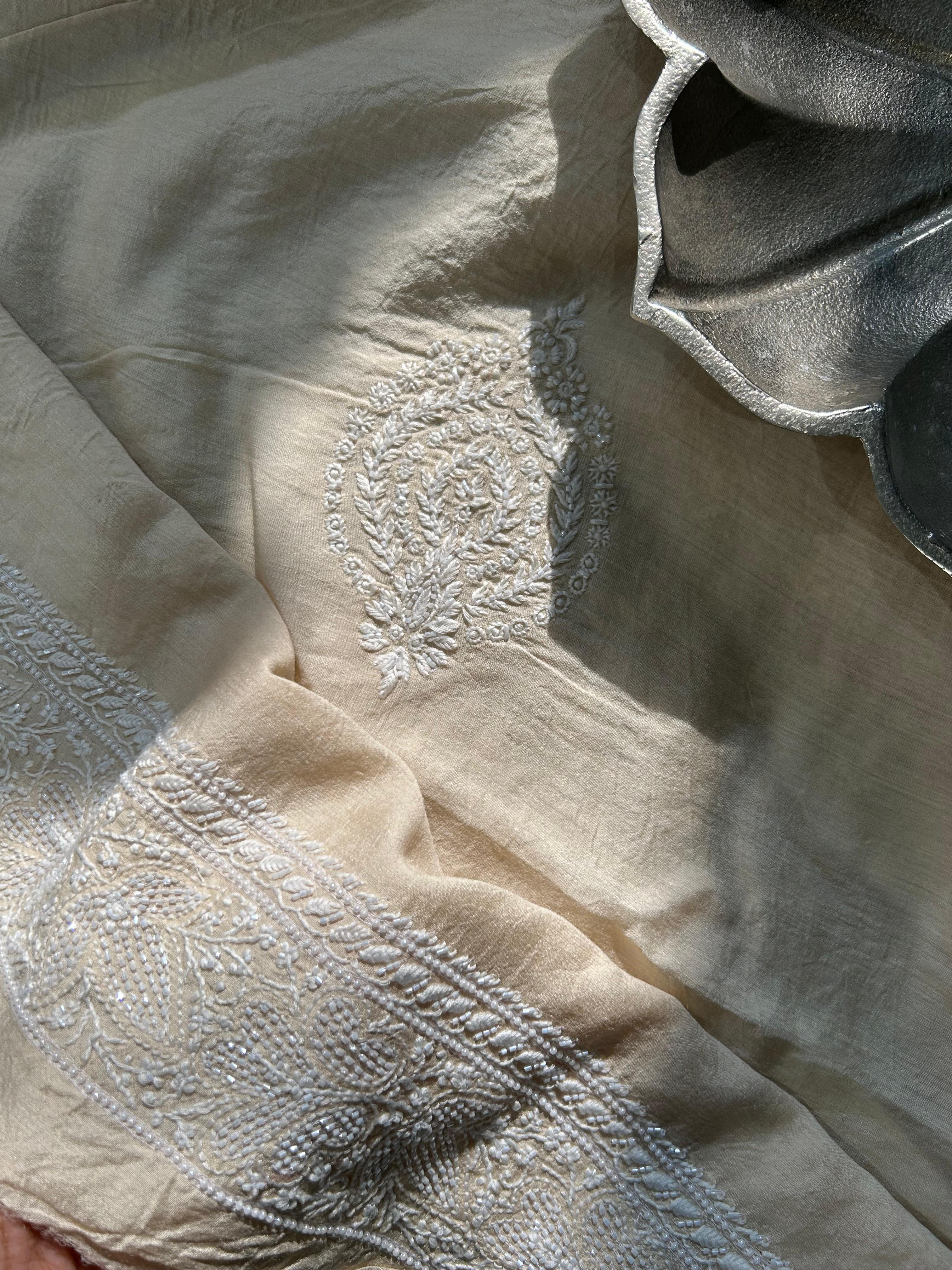 Beige Mens Munga Silk Chikankari Kurta