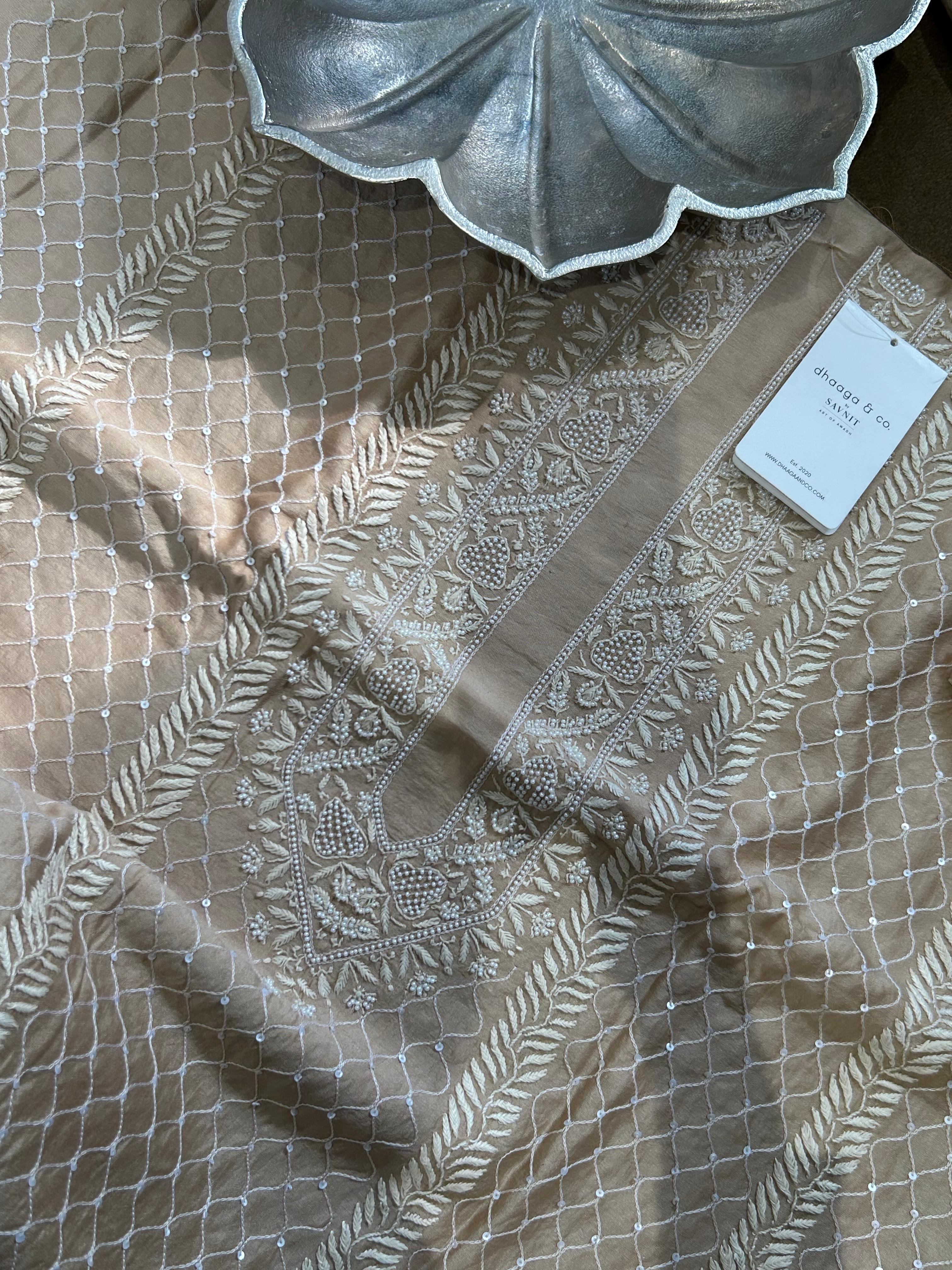 Brown Mens Chanderi Chikankari Kurta