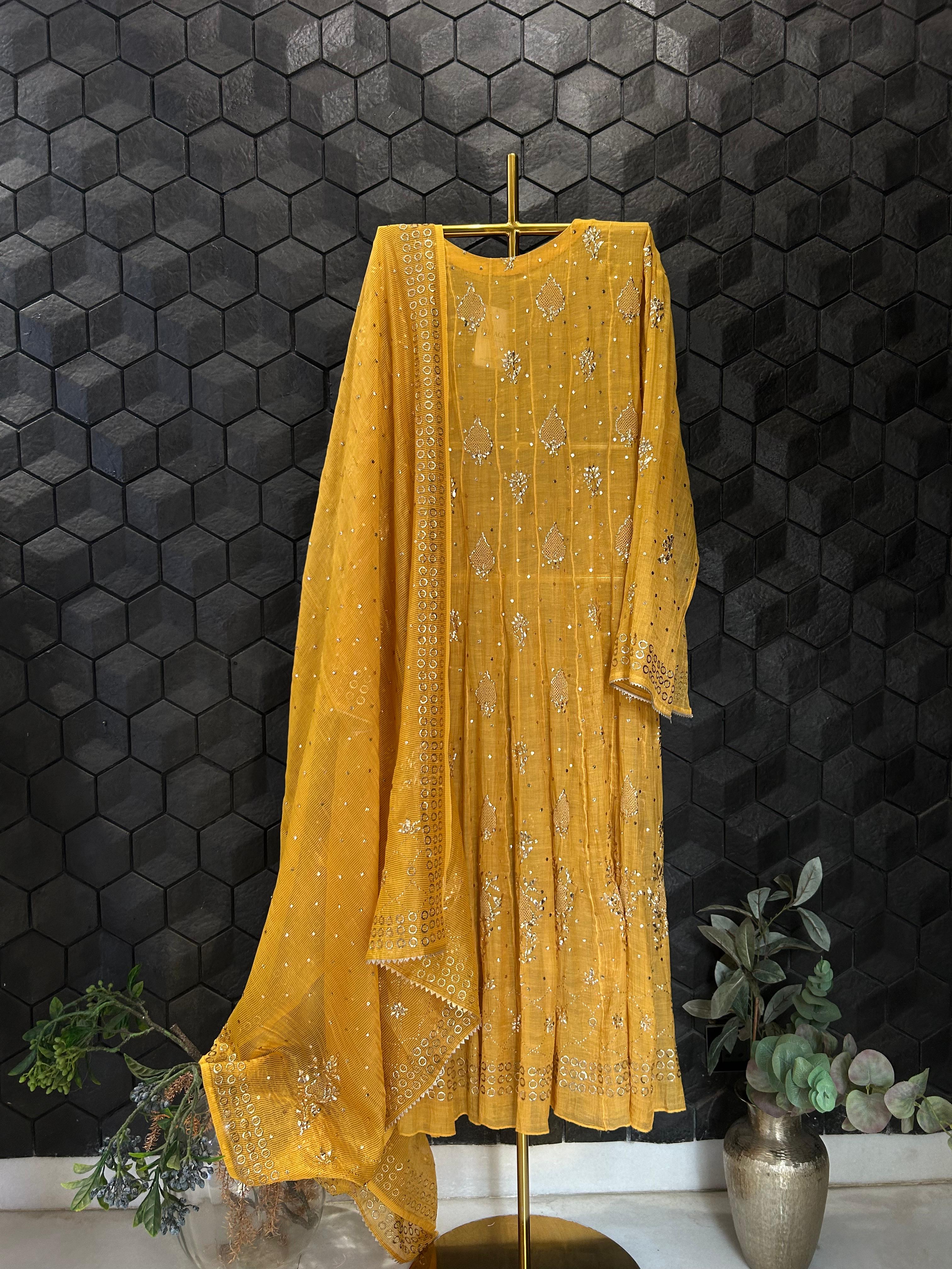 Mustard Tissue Mukaish Anarkali Set