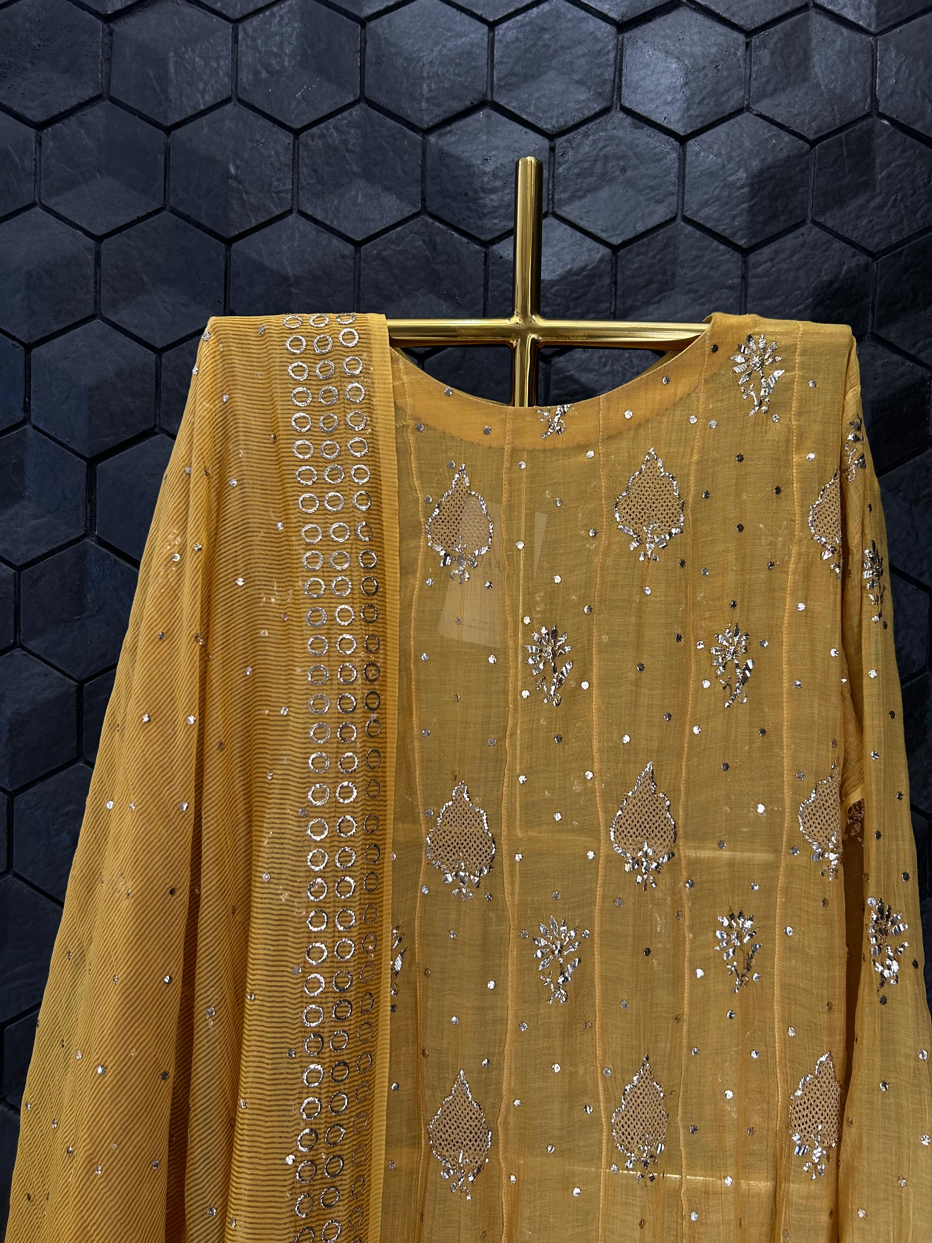 Mustard Tissue Mukaish Anarkali Set