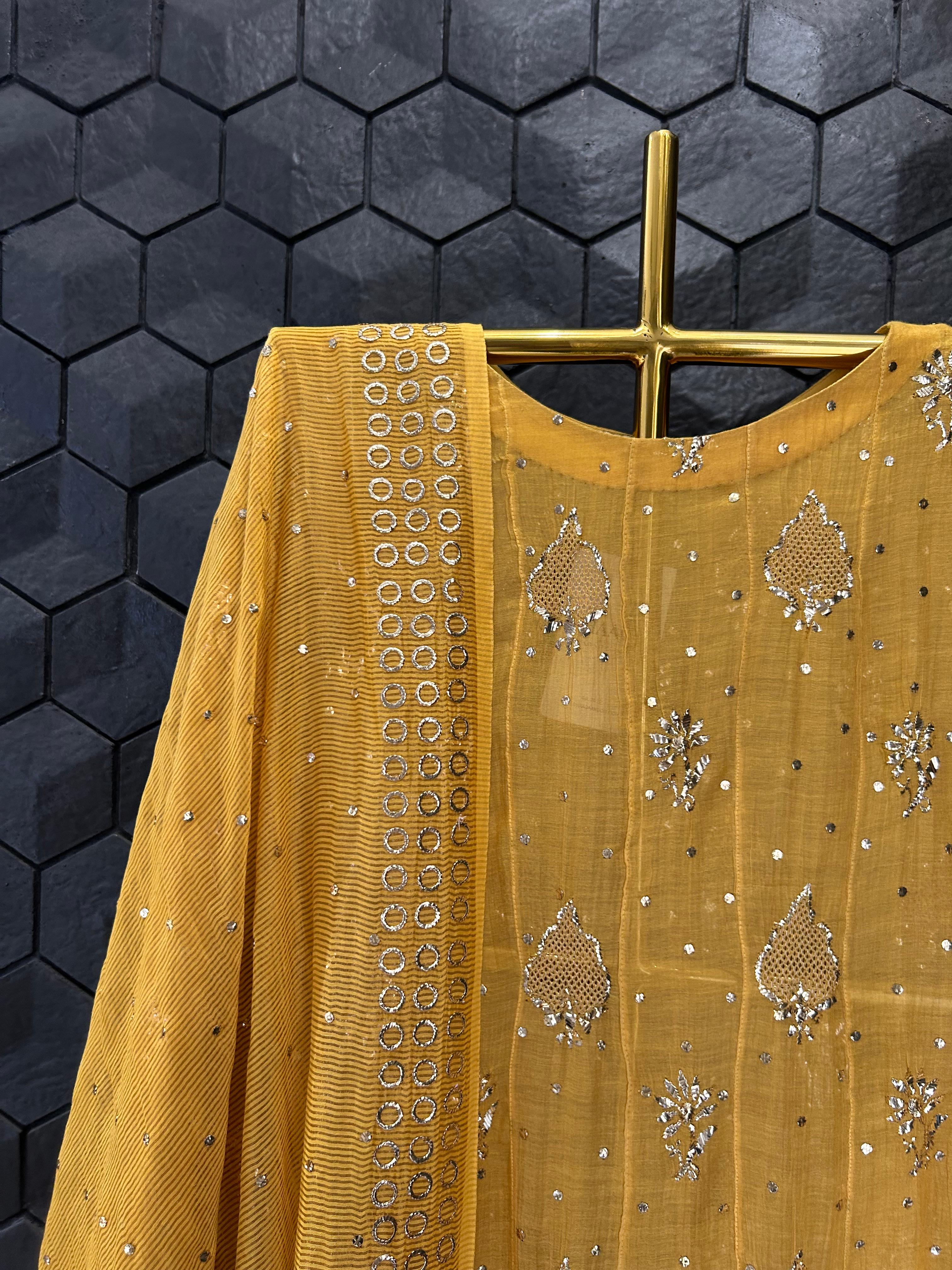 Mustard Tissue Mukaish Anarkali Set