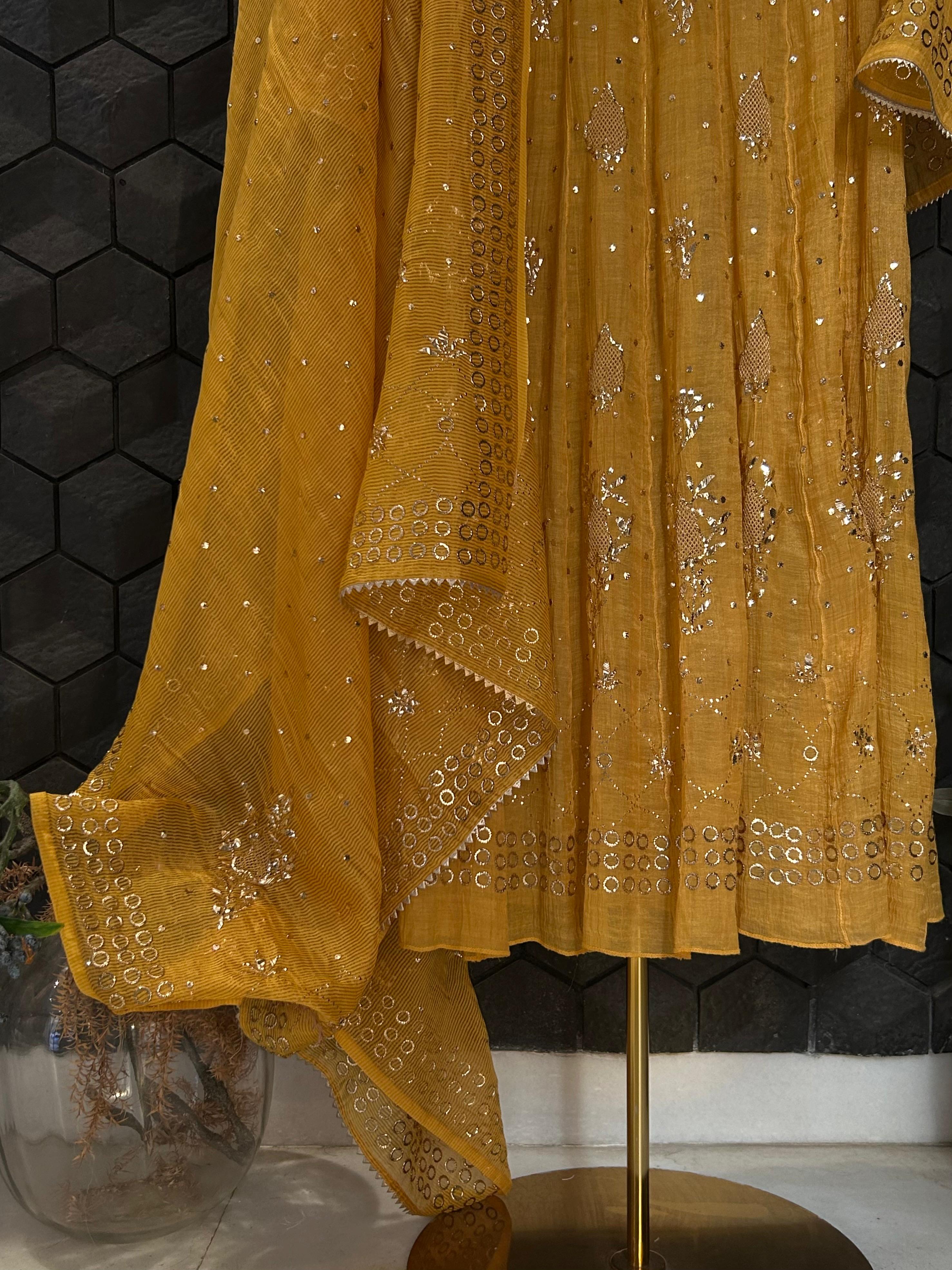 Mustard Tissue Mukaish Anarkali Set