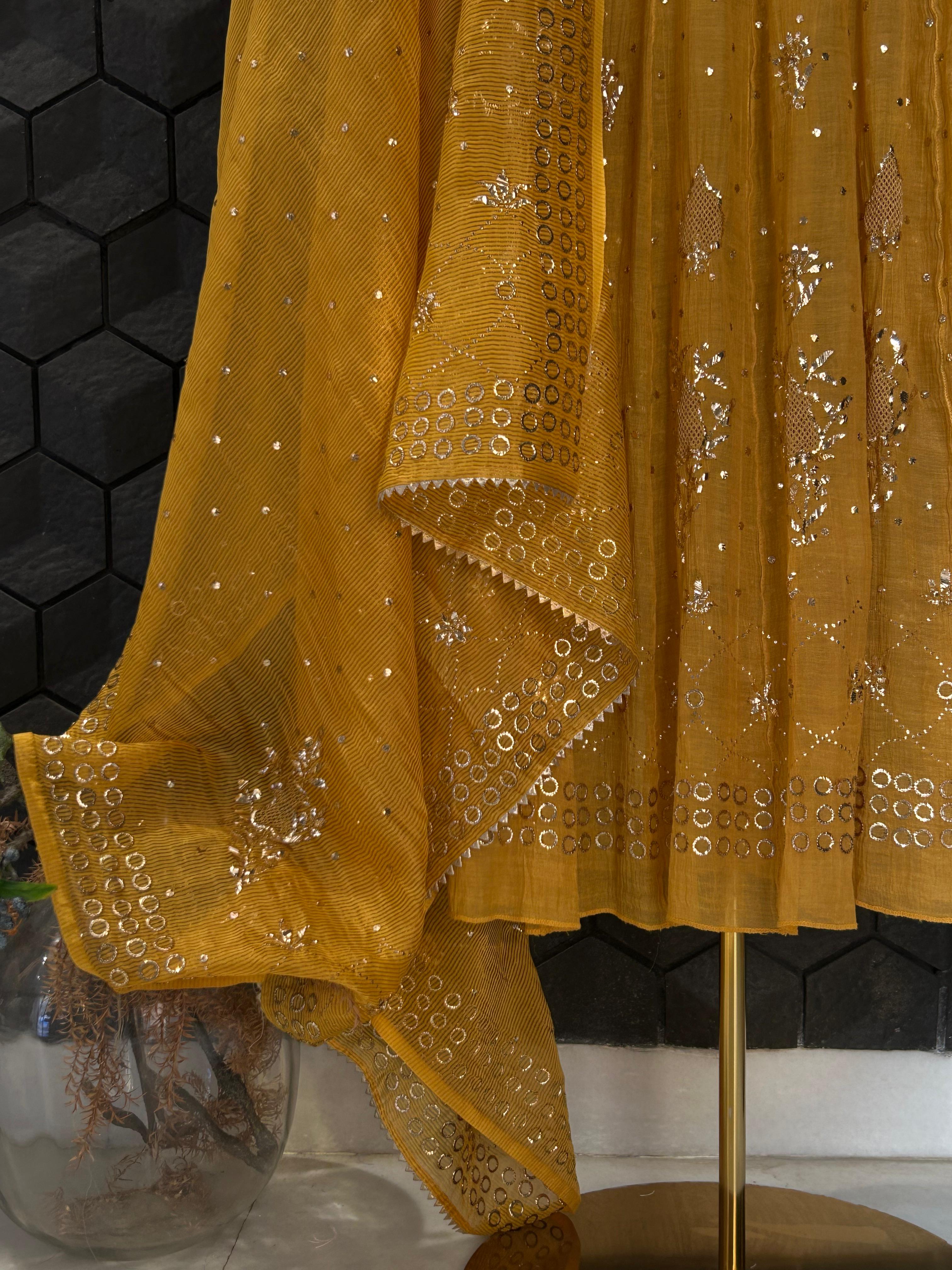 Mustard Tissue Mukaish Anarkali Set