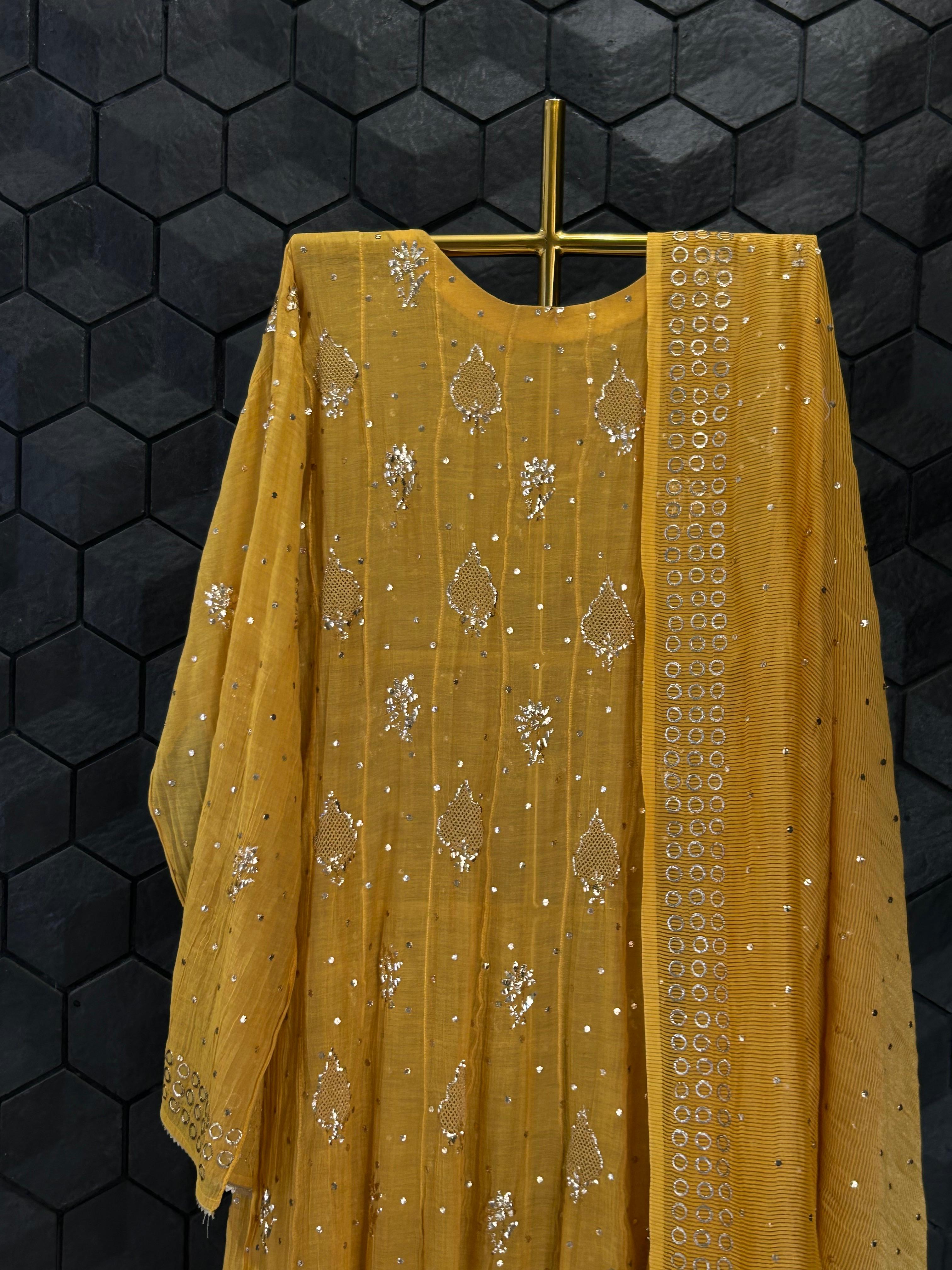 Mustard Tissue Mukaish Anarkali Set