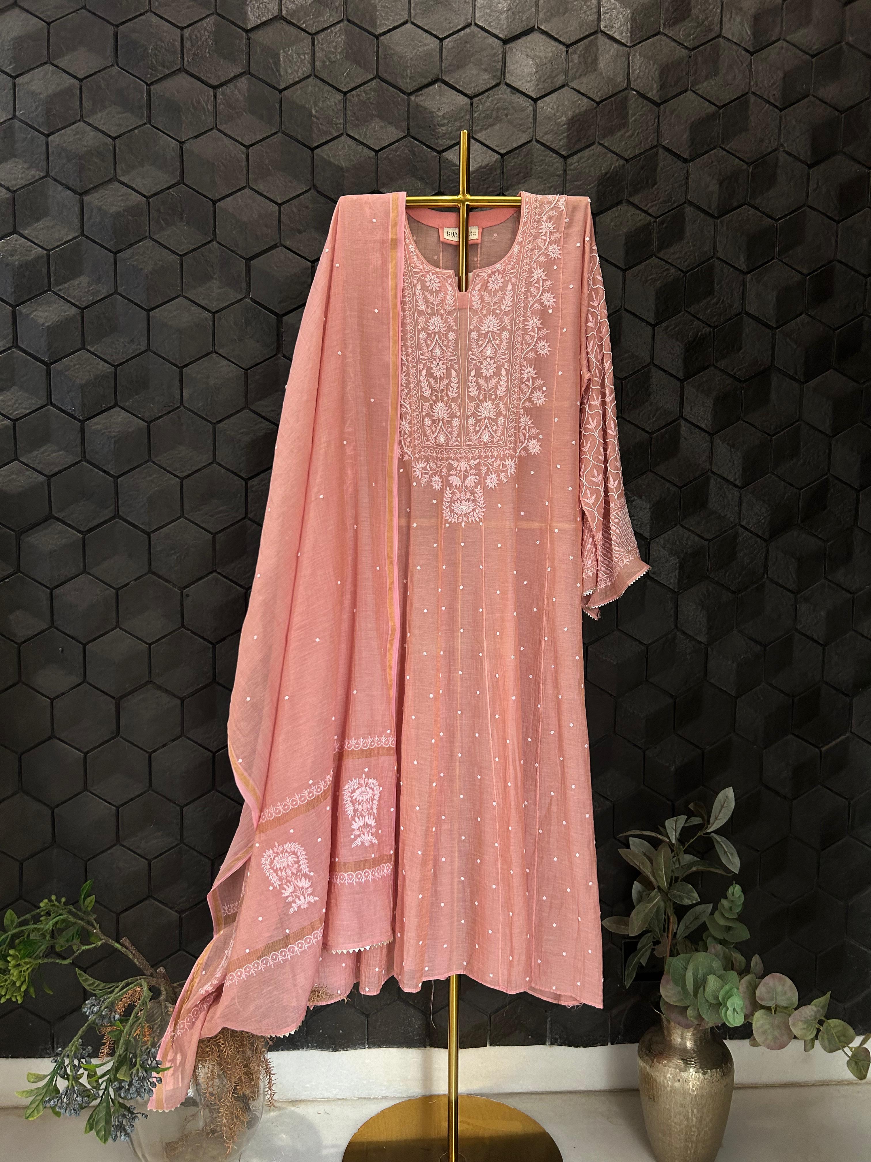 Pink Tissue Chikankari Anarkali Set