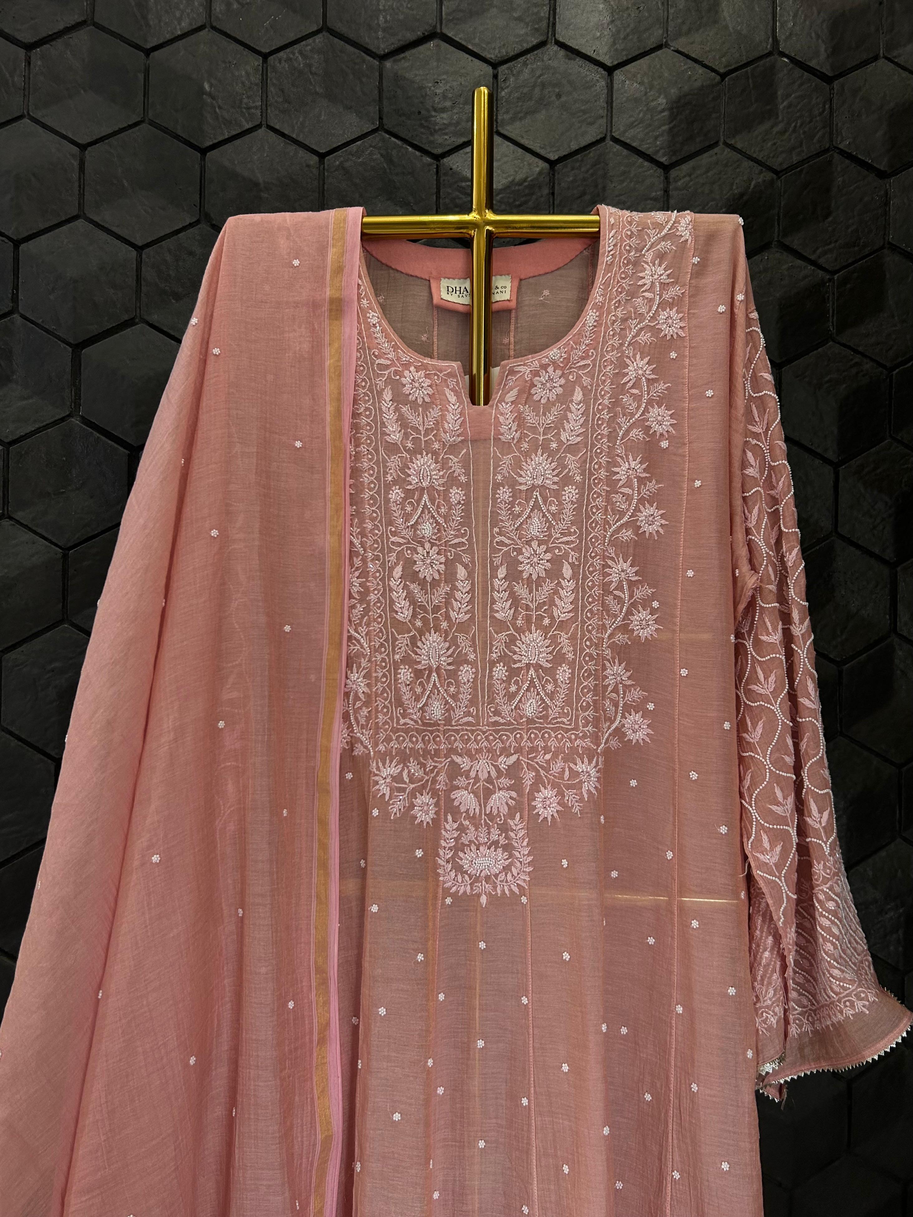 Pink Tissue Chikankari Anarkali Set