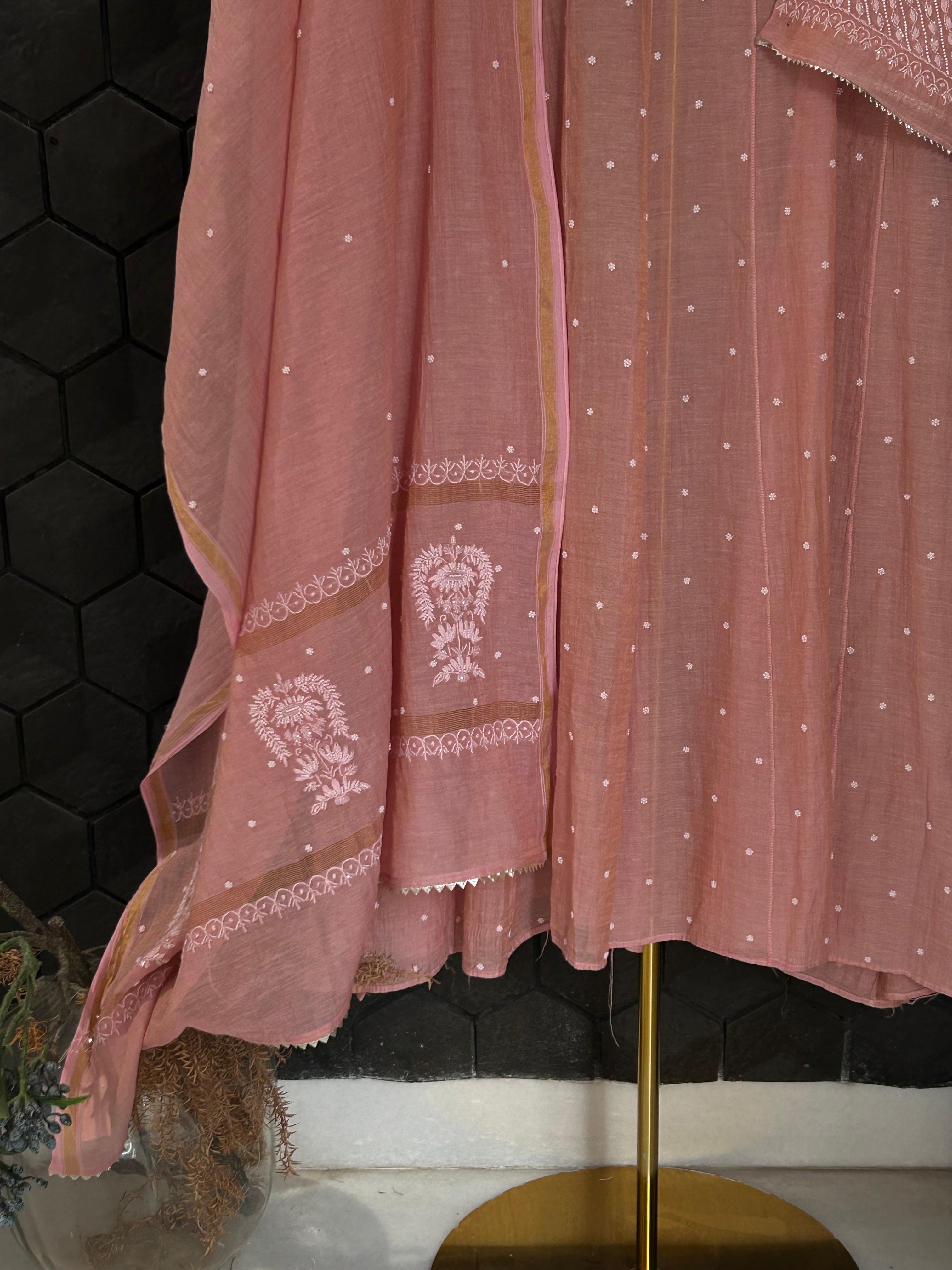 Pink Tissue Chikankari Anarkali Set