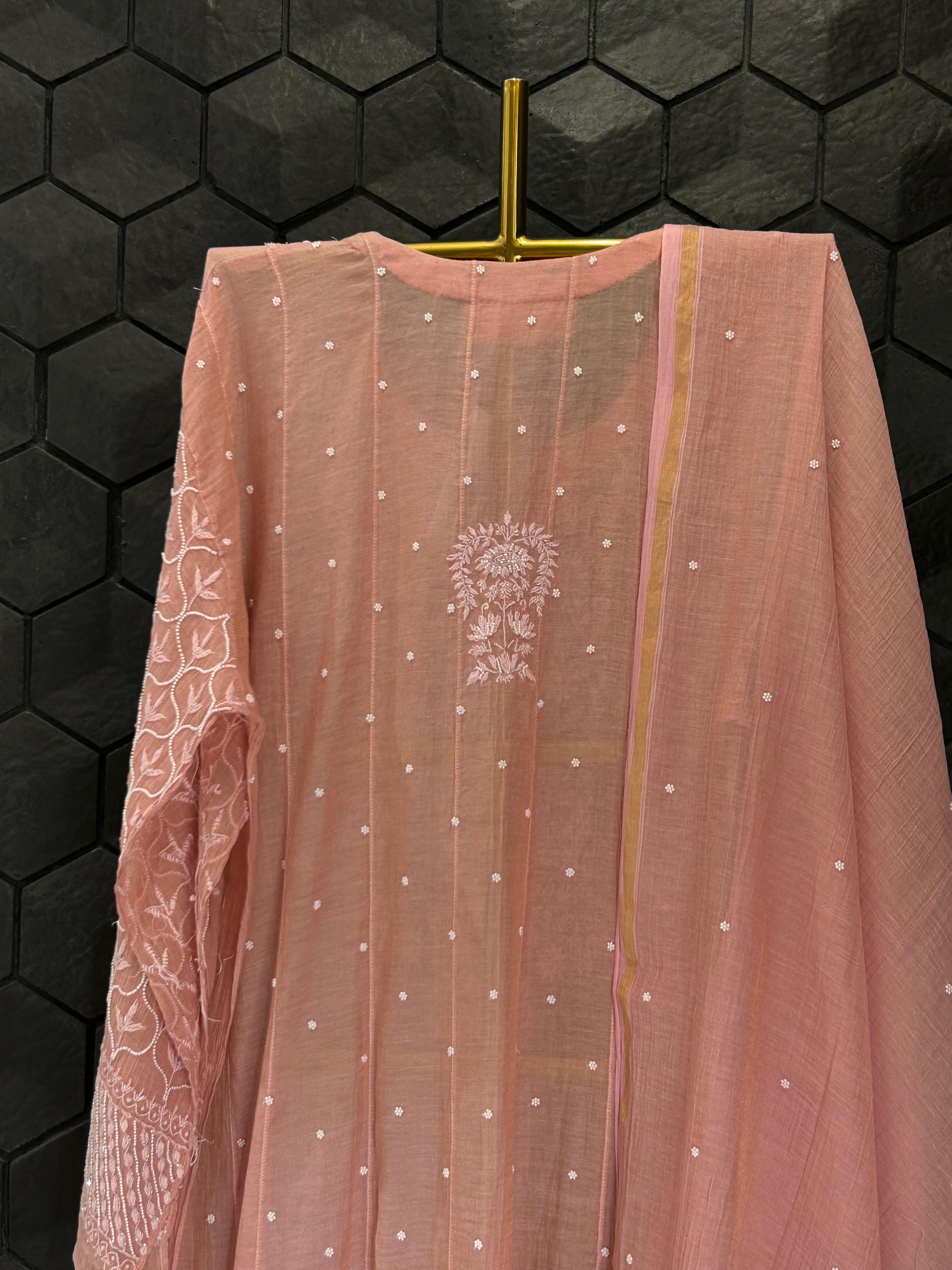 Pink Tissue Chikankari Anarkali Set