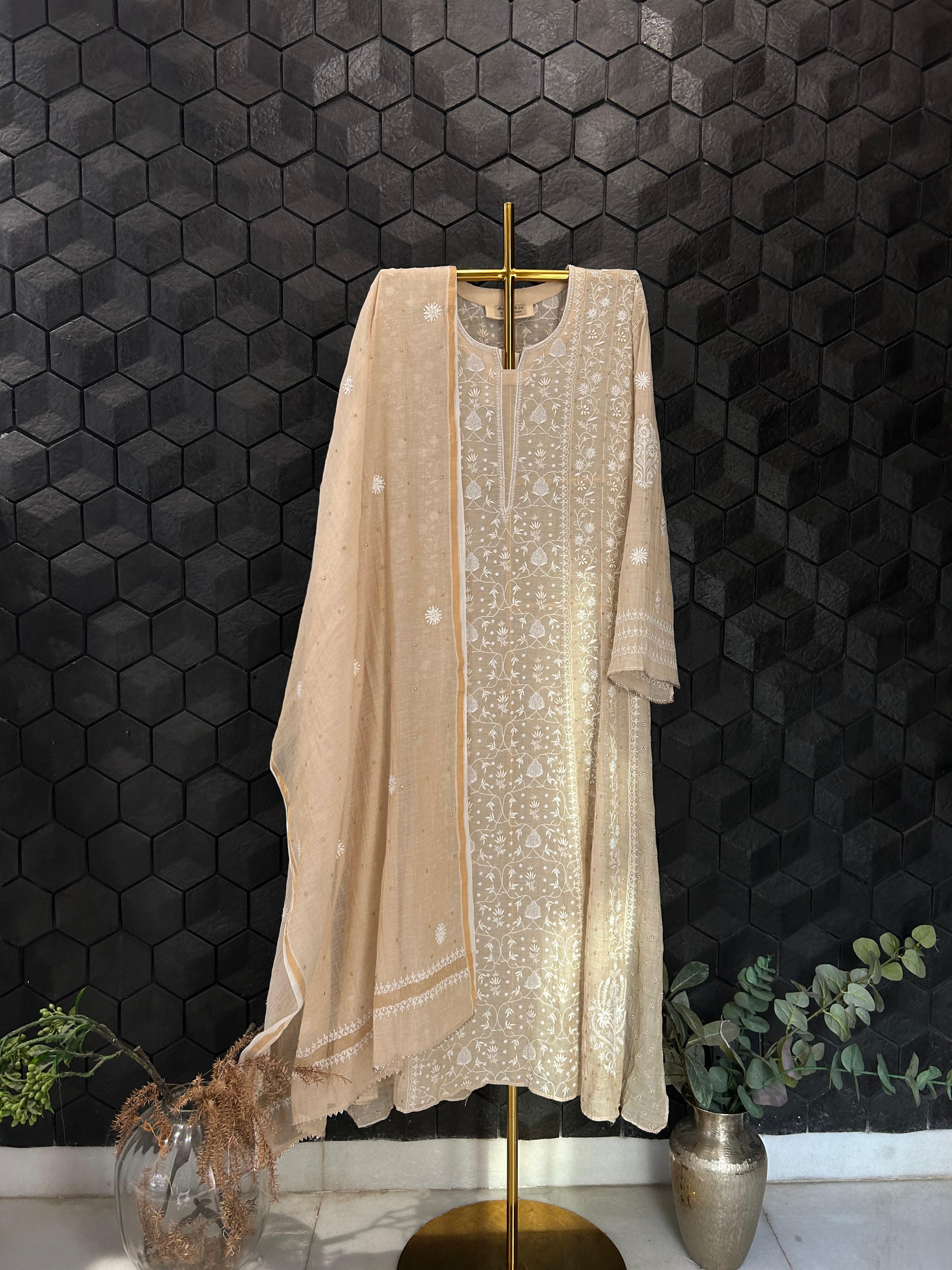 Beige Golden Tissue Chikankari Anarkali Set