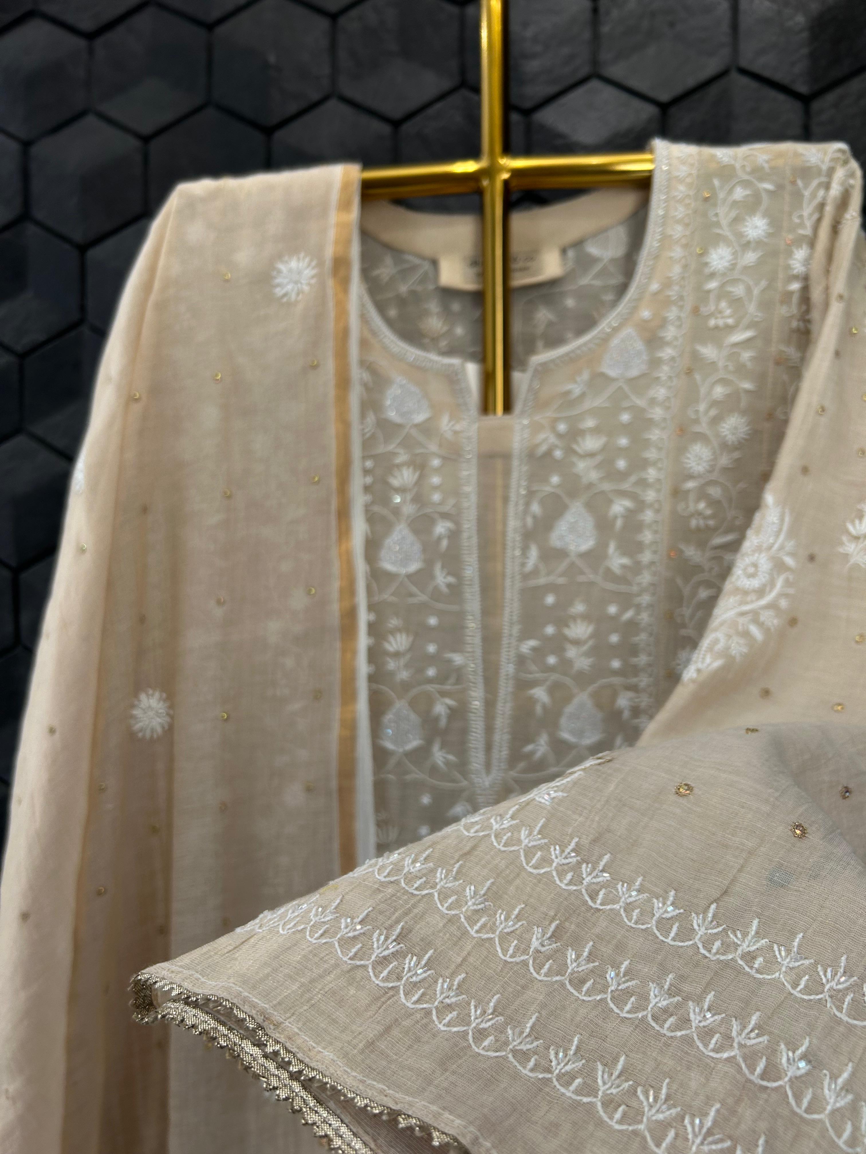 Beige Golden Tissue Chikankari Anarkali Set