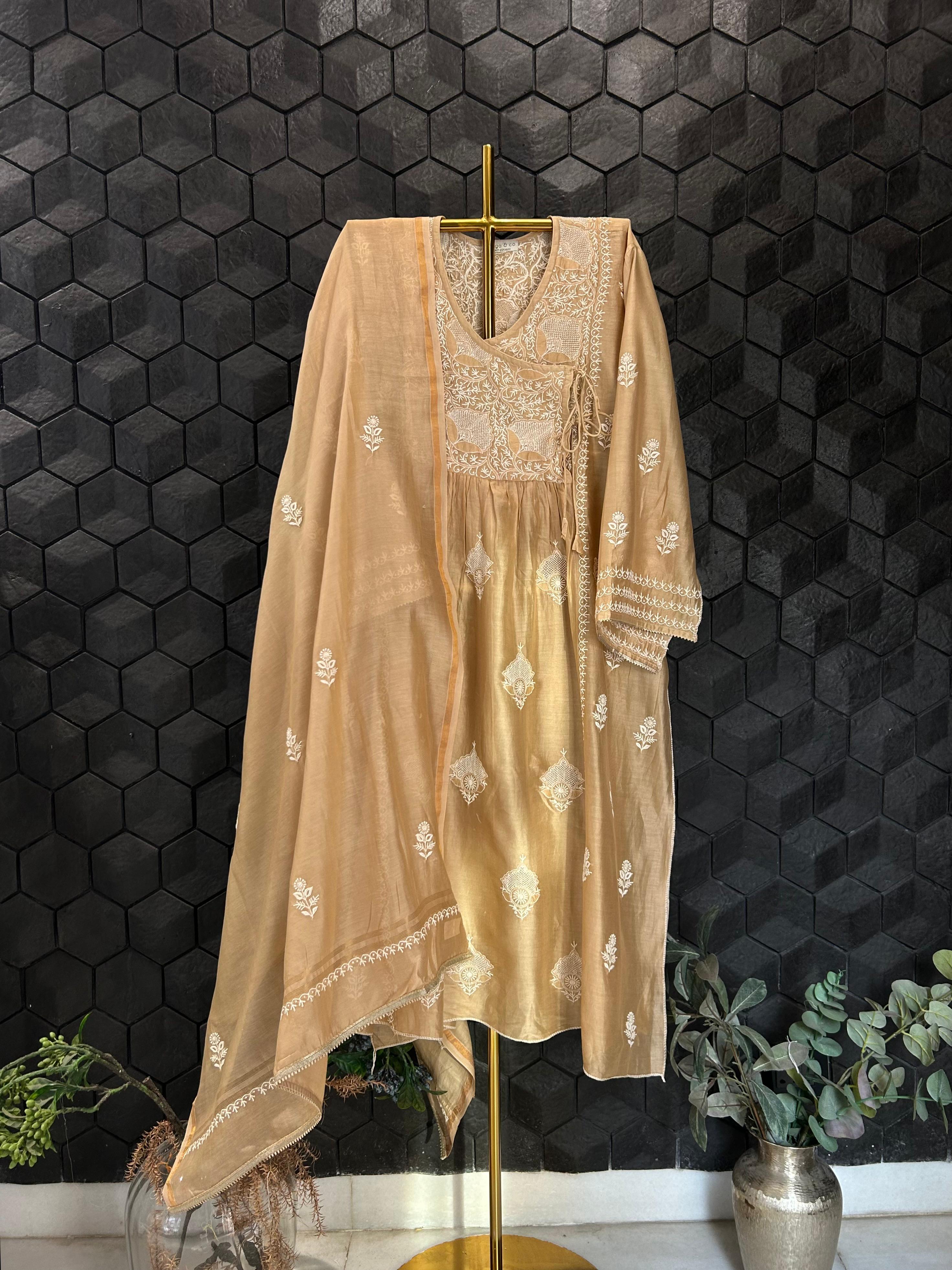 Brown Chanderi Chikankari Angarkha kurta Set