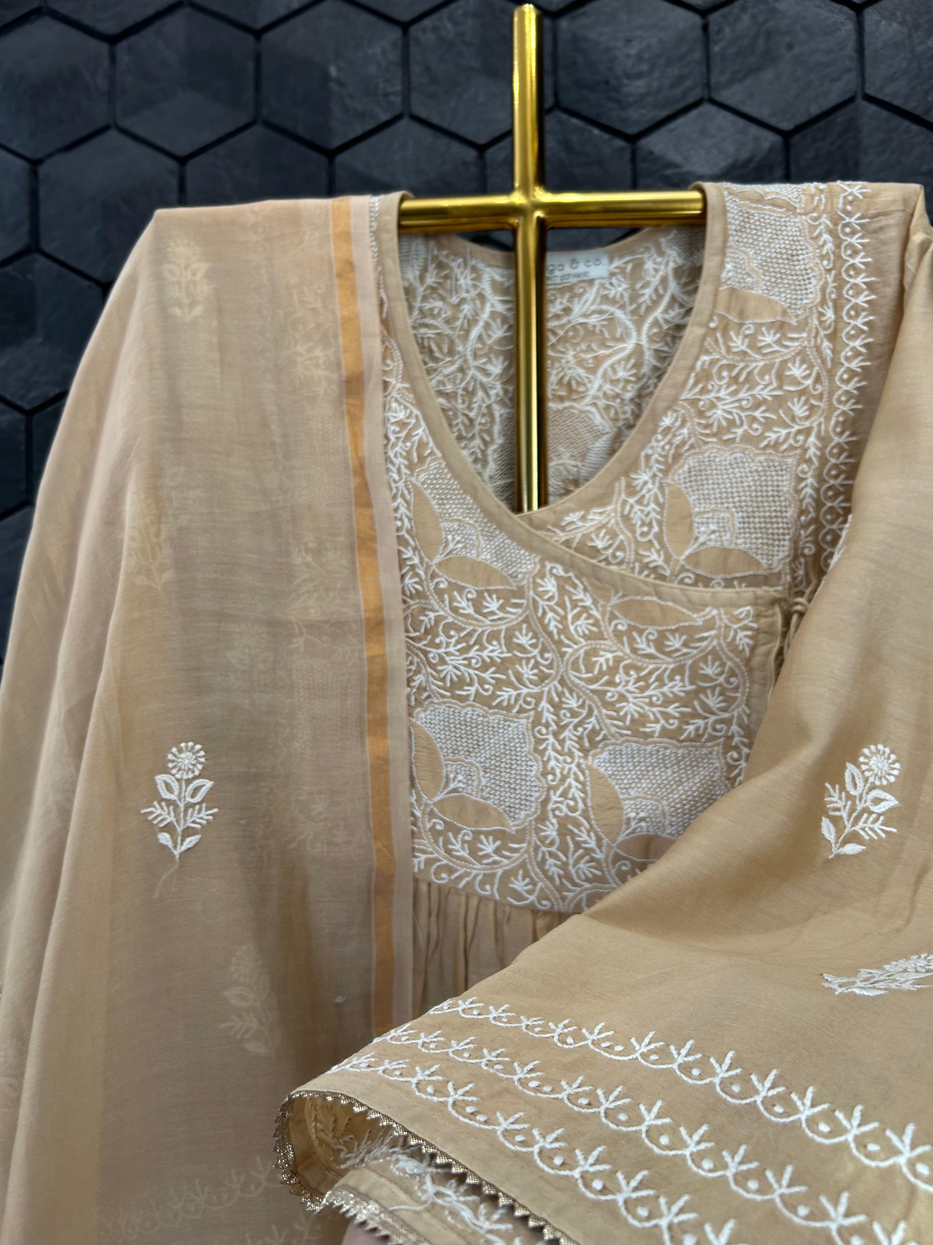 Brown Chanderi Chikankari Angarkha kurta Set