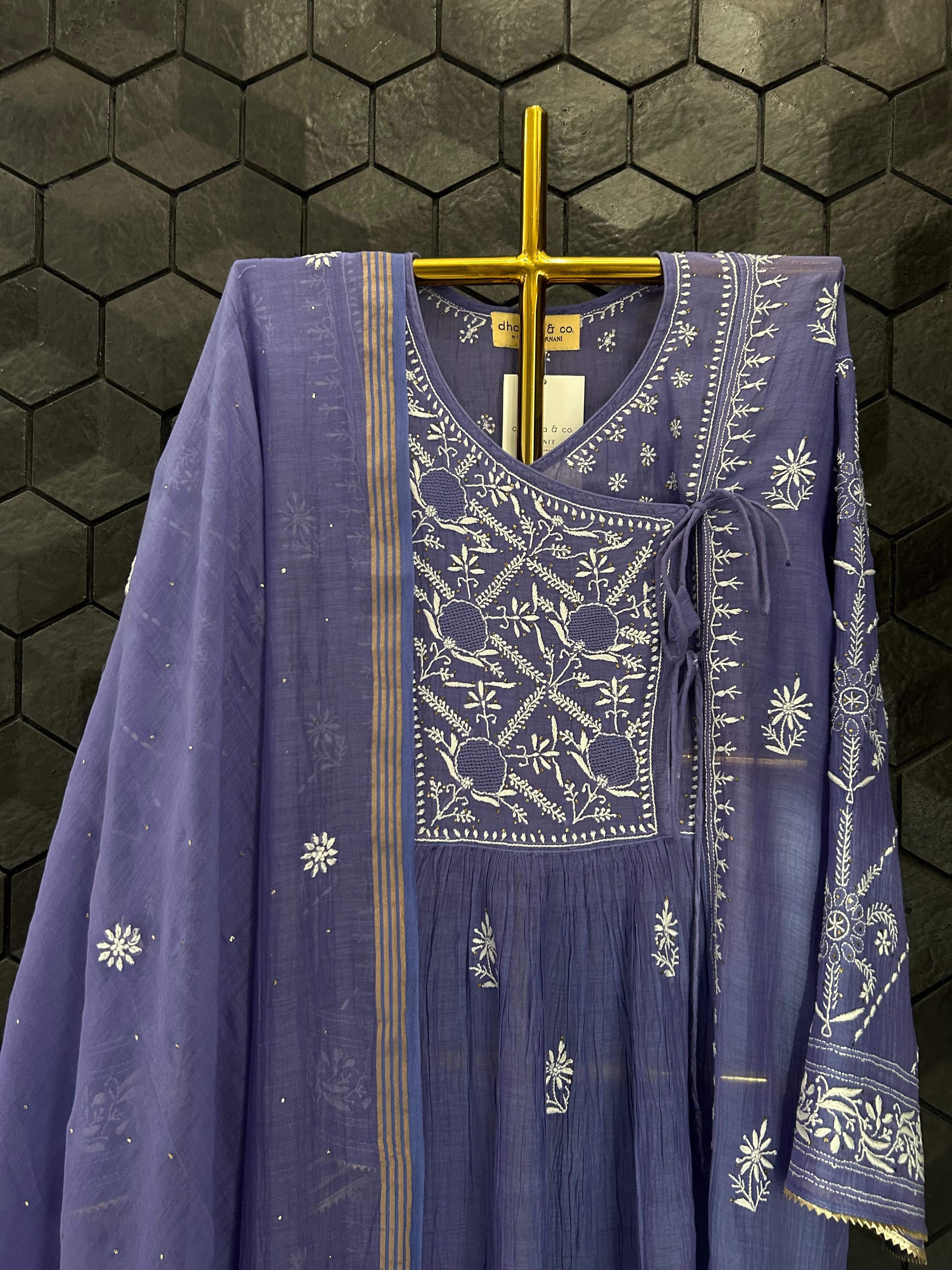 Blue Mul Chanderi Chikankari Angarkha Kurta Set