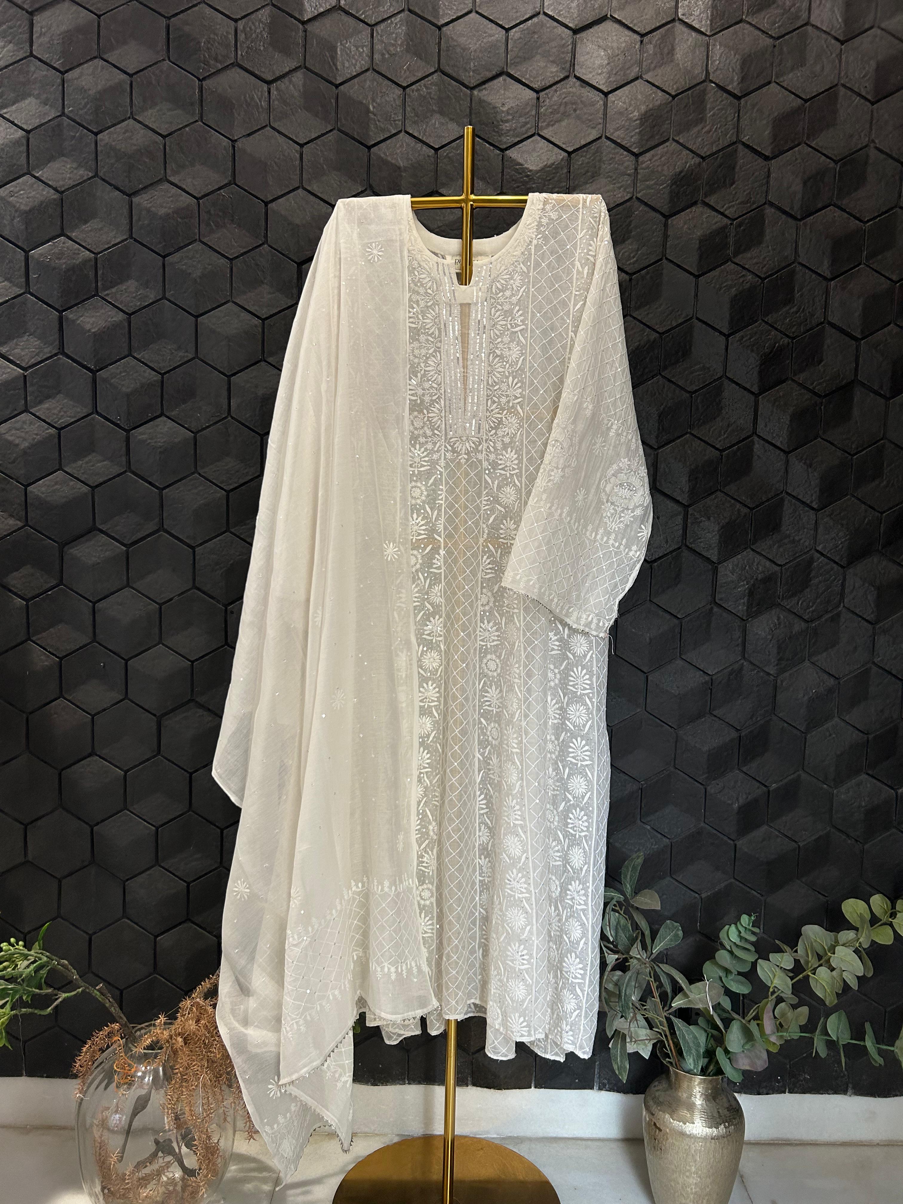 White Mul Chanderi Chikankari Anarkali Set