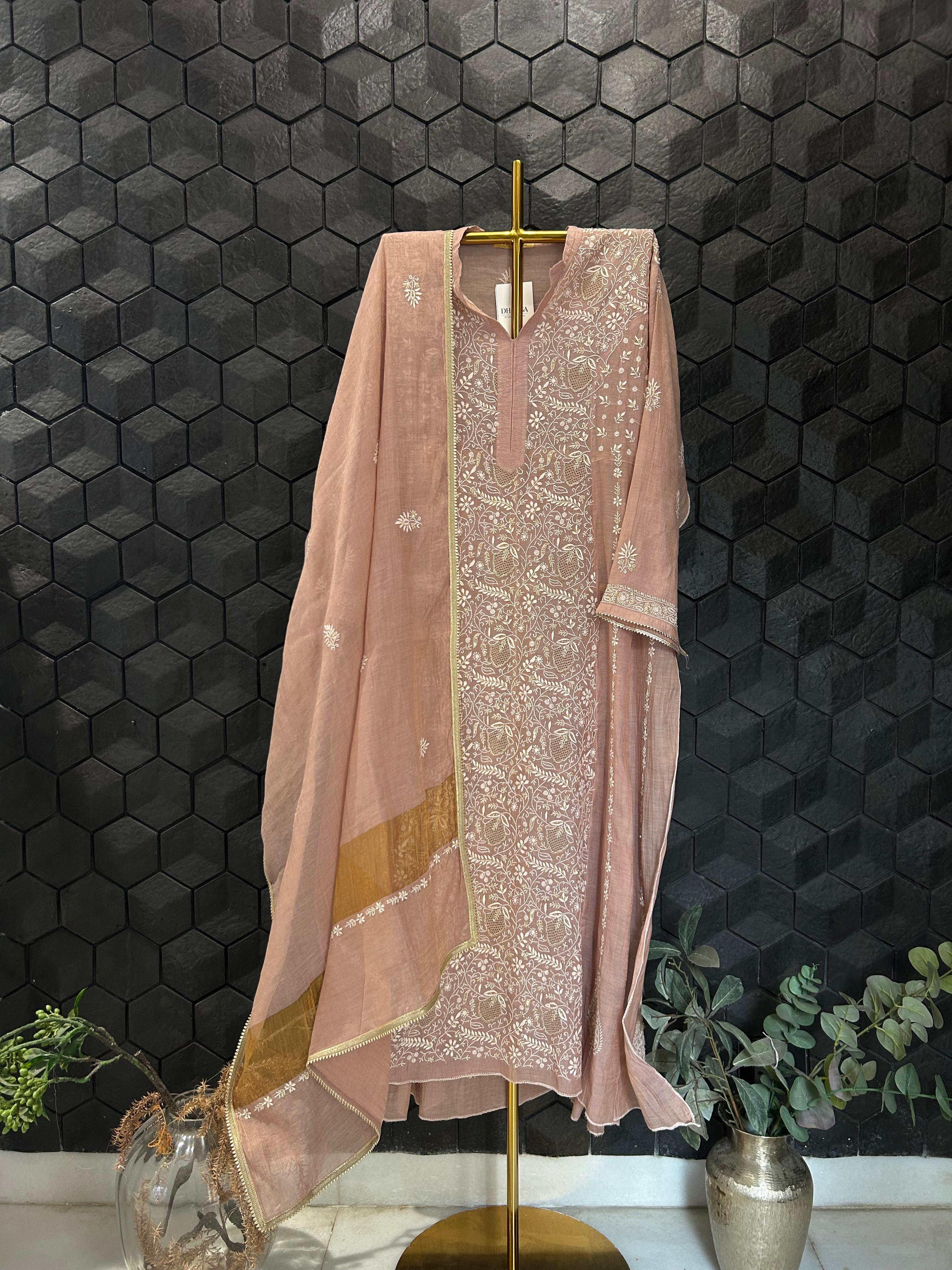 Pink Golden Tissue Chikankari Kurta Set