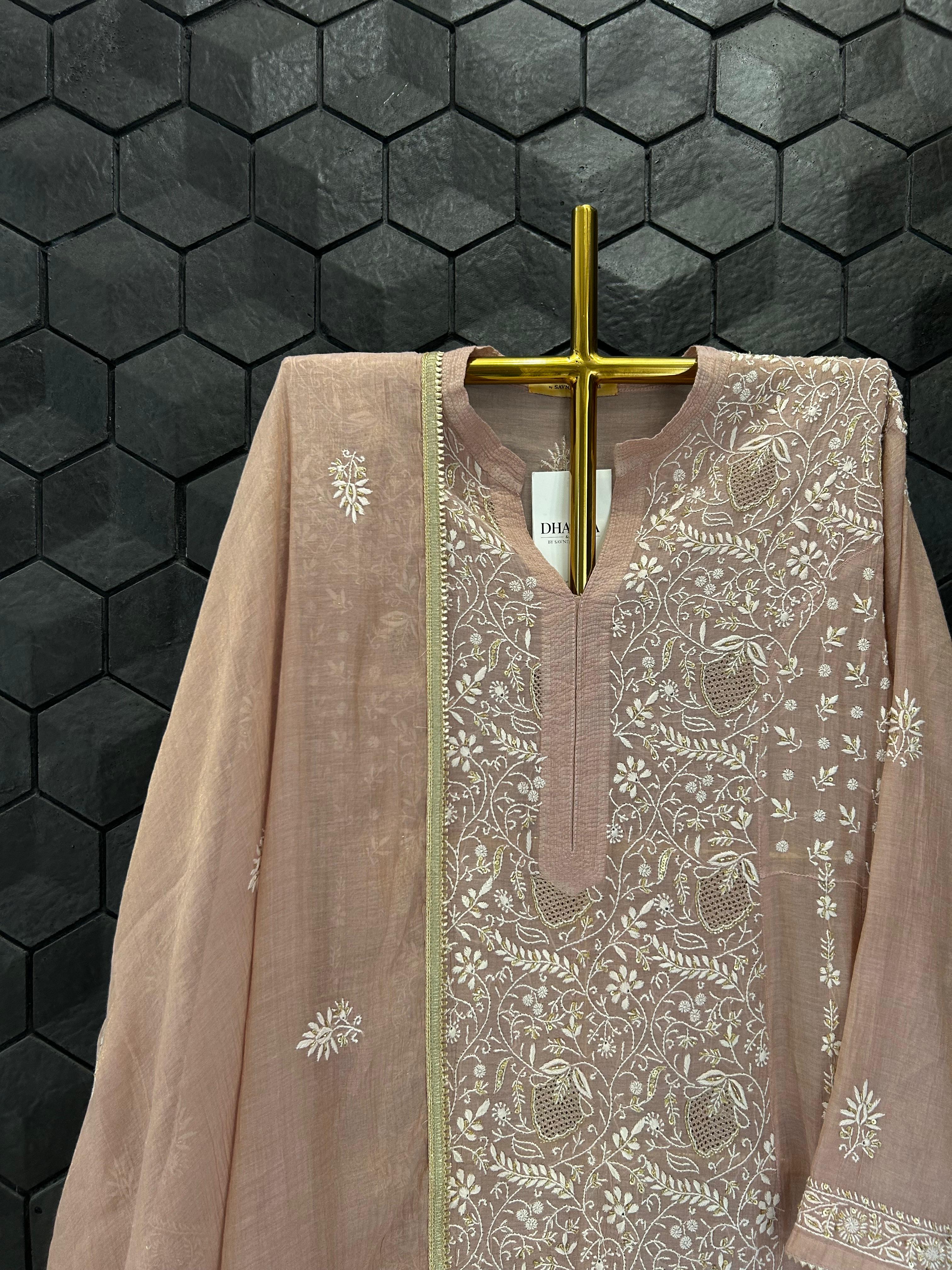 Pink Golden Tissue Chikankari Kurta Set