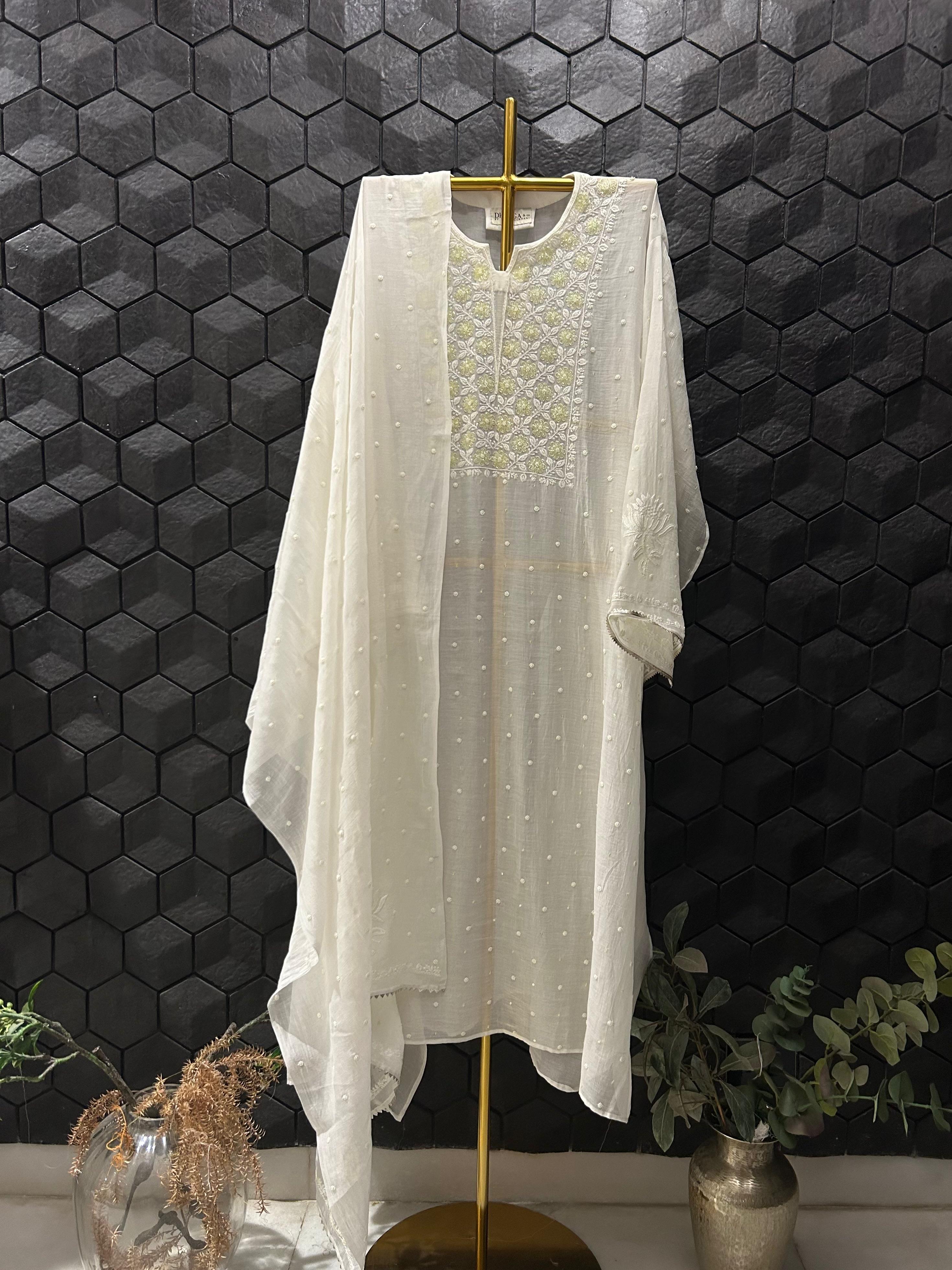 White Mul Chanderi Chikankari Kurta Set