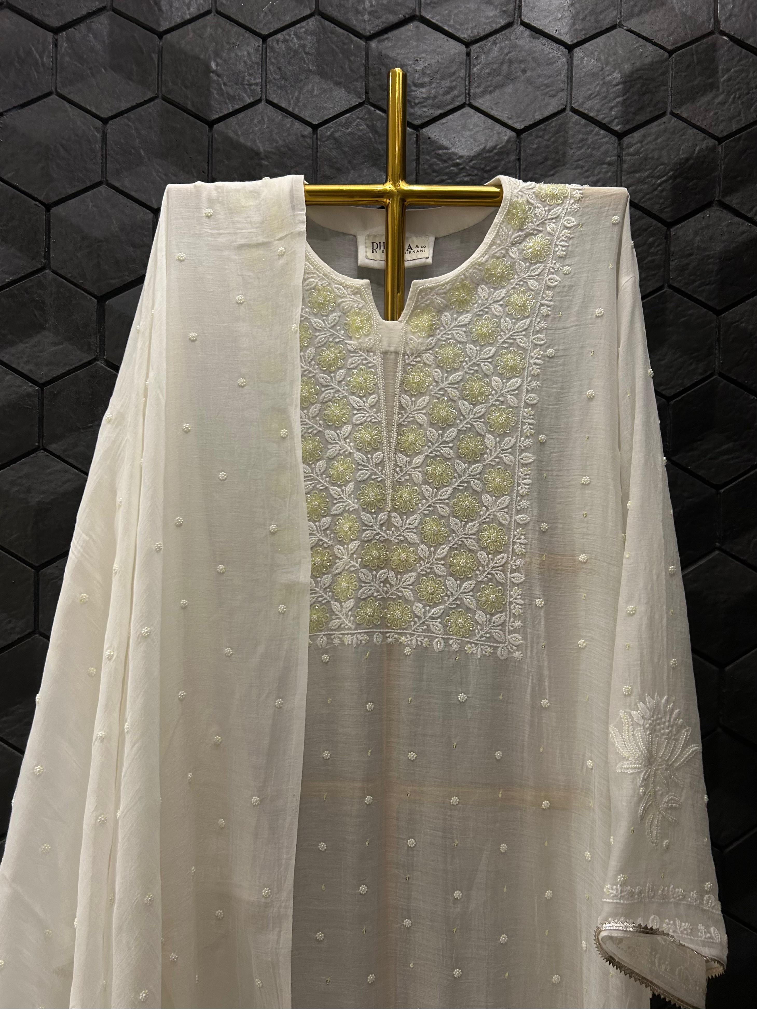 White Mul Chanderi Chikankari Kurta Set