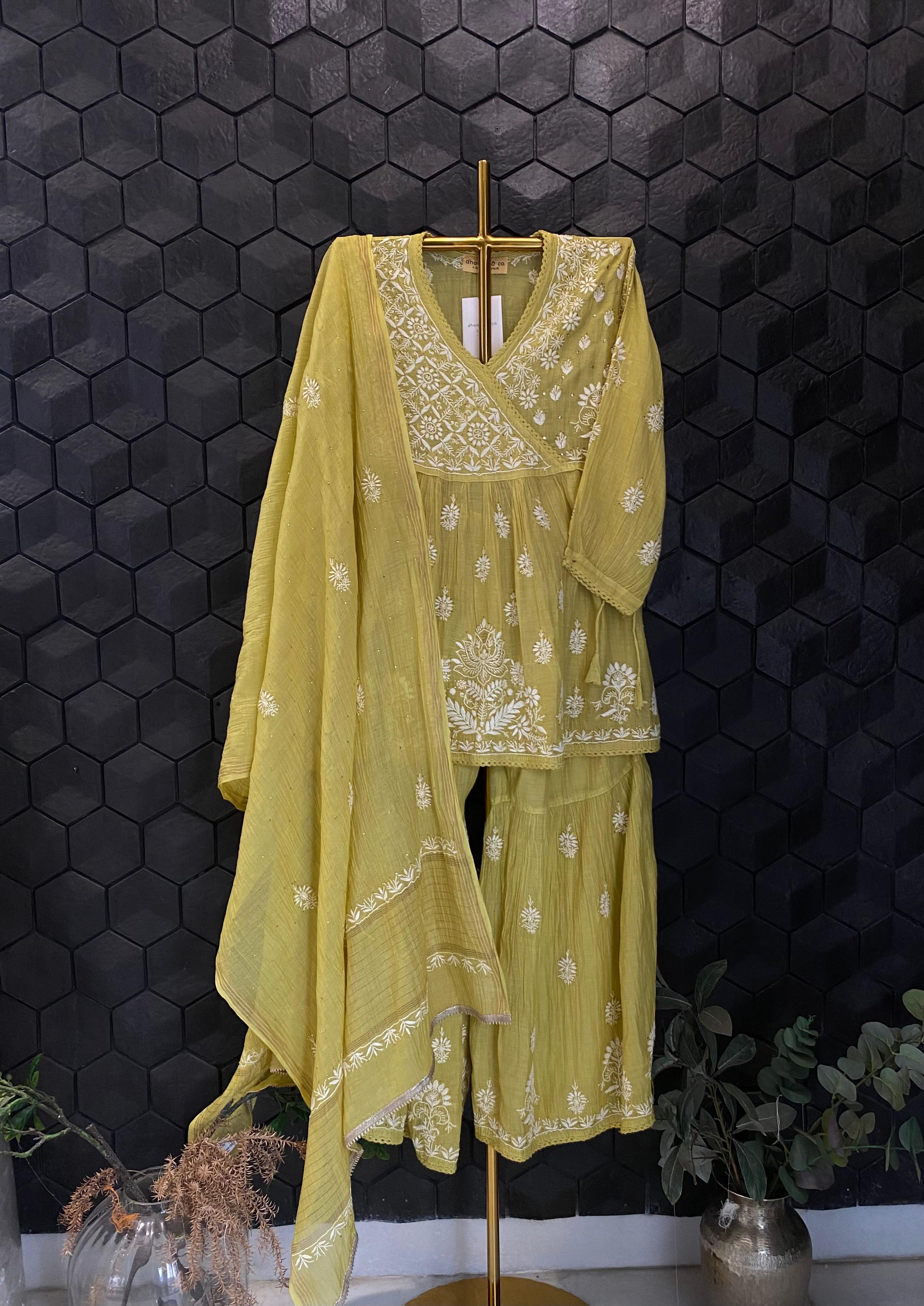 Lime Green Mul Chanderi Chikankari Sharara Set