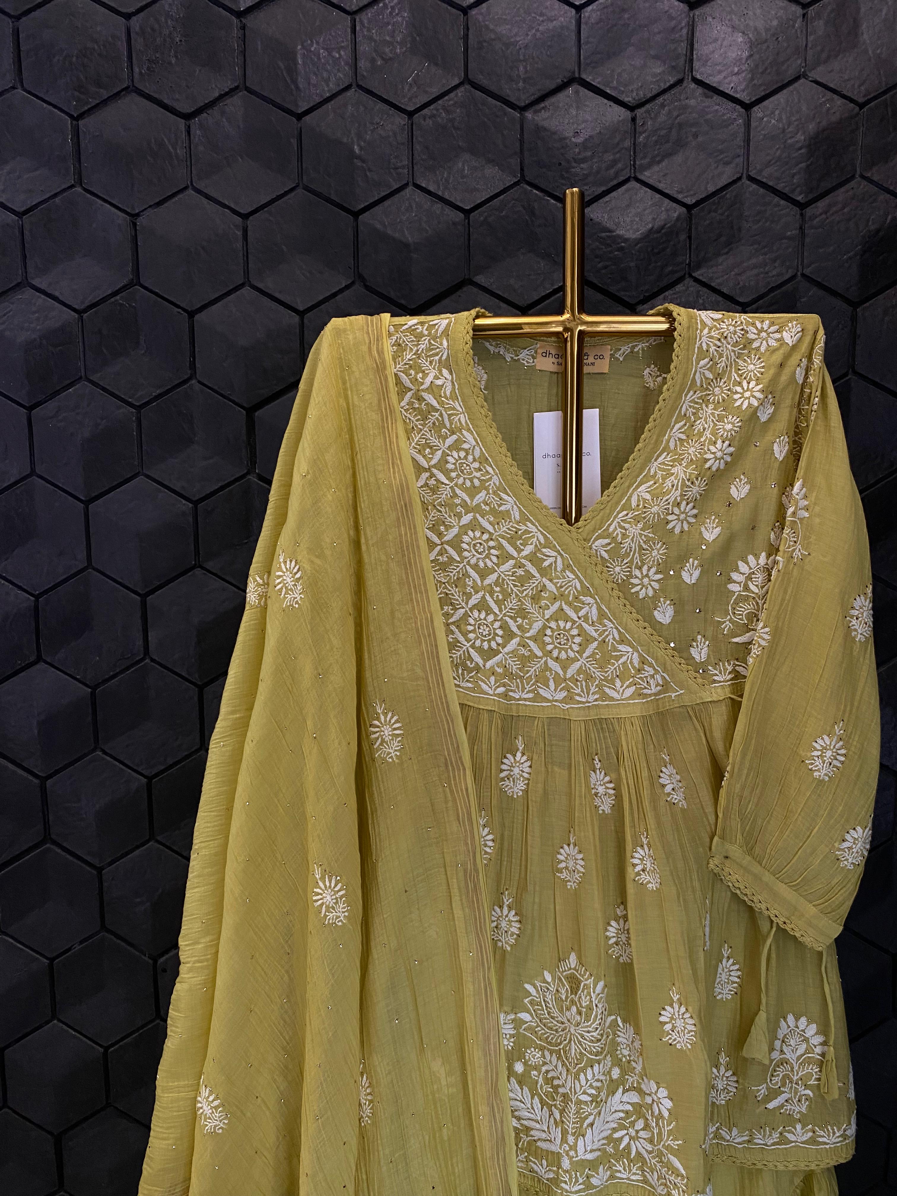 Lime Green Mul Chanderi Chikankari Sharara Set