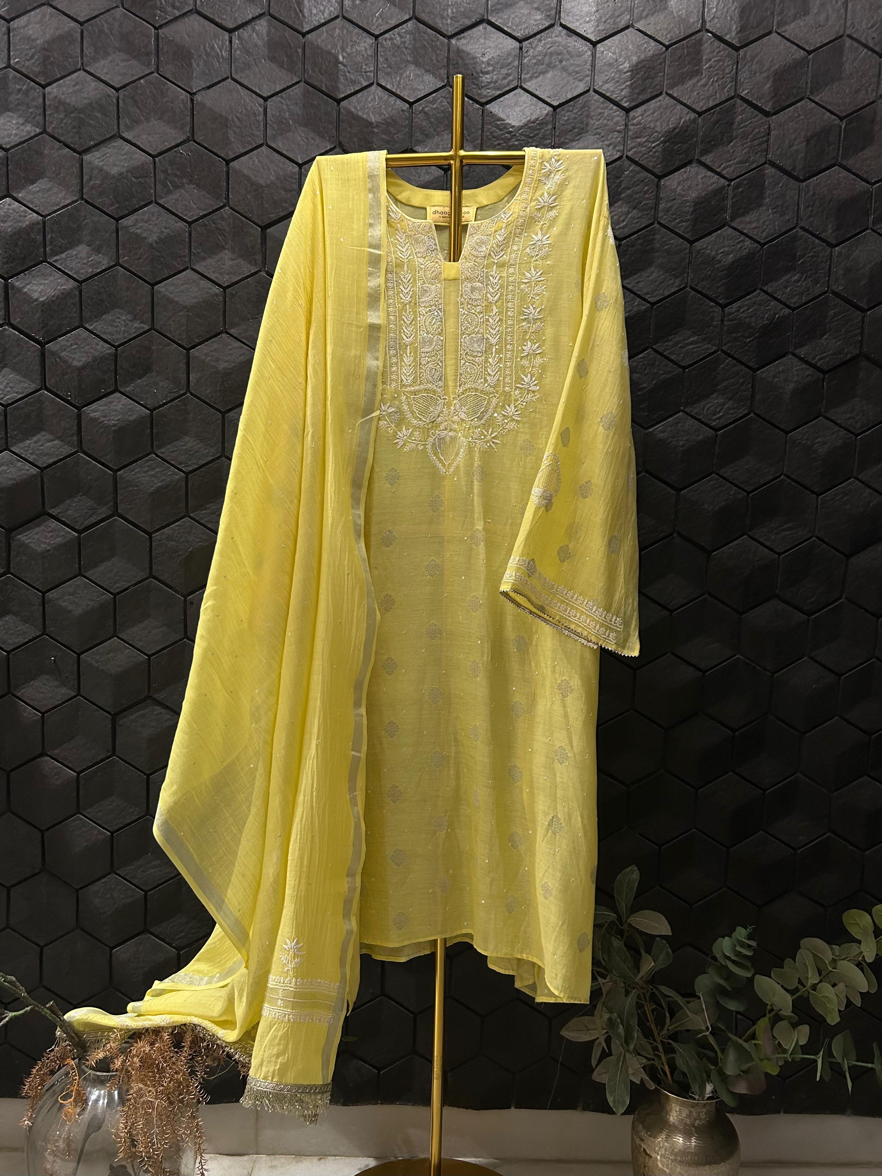 Lime Green Mul Chanderi Chikankari Kurta Set