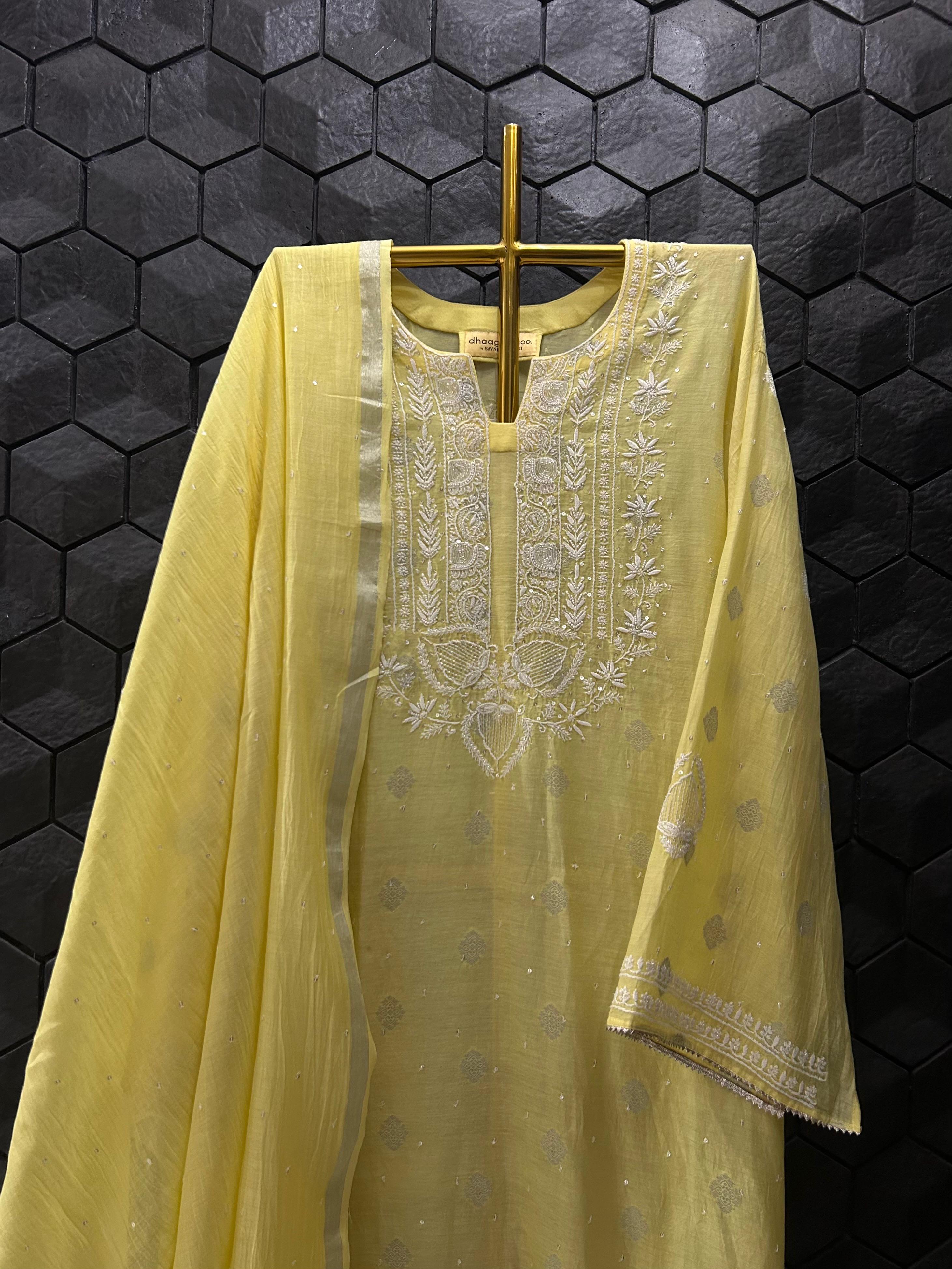 Lime Green Mul Chanderi Chikankari Kurta Set