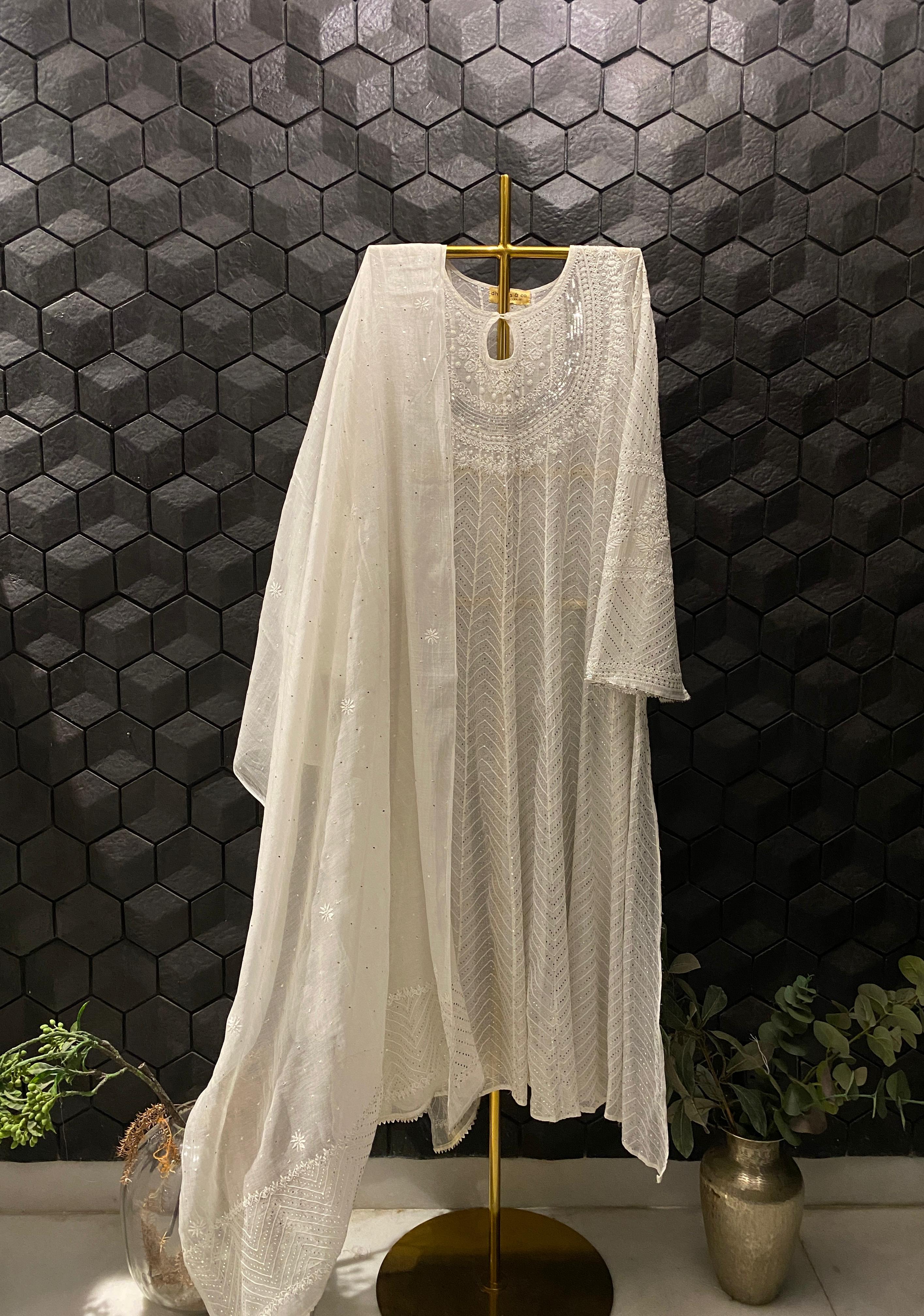 White Mul Chanderi Mukaish Anarkali Set