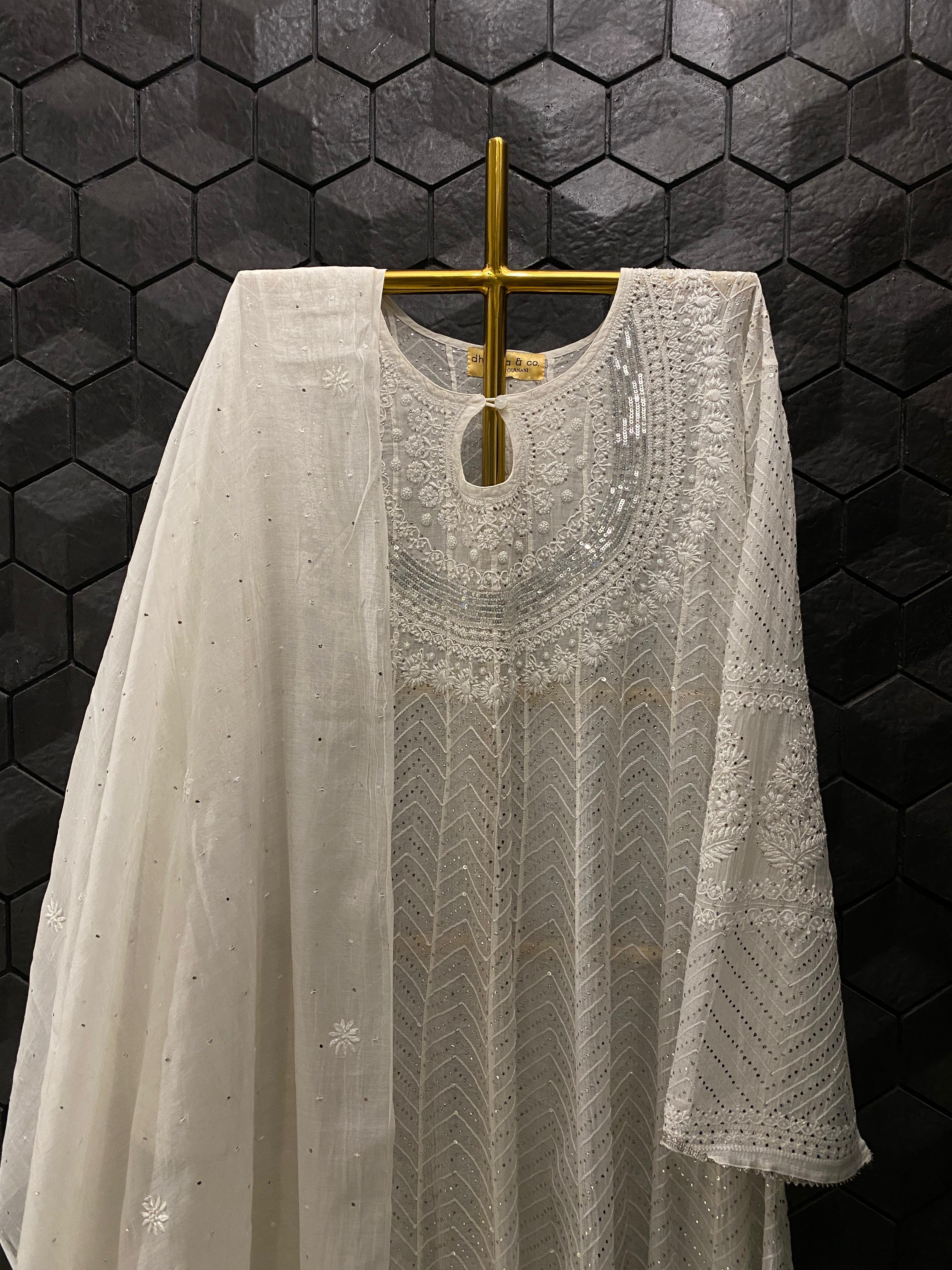 White Mul Chanderi Mukaish Anarkali Set