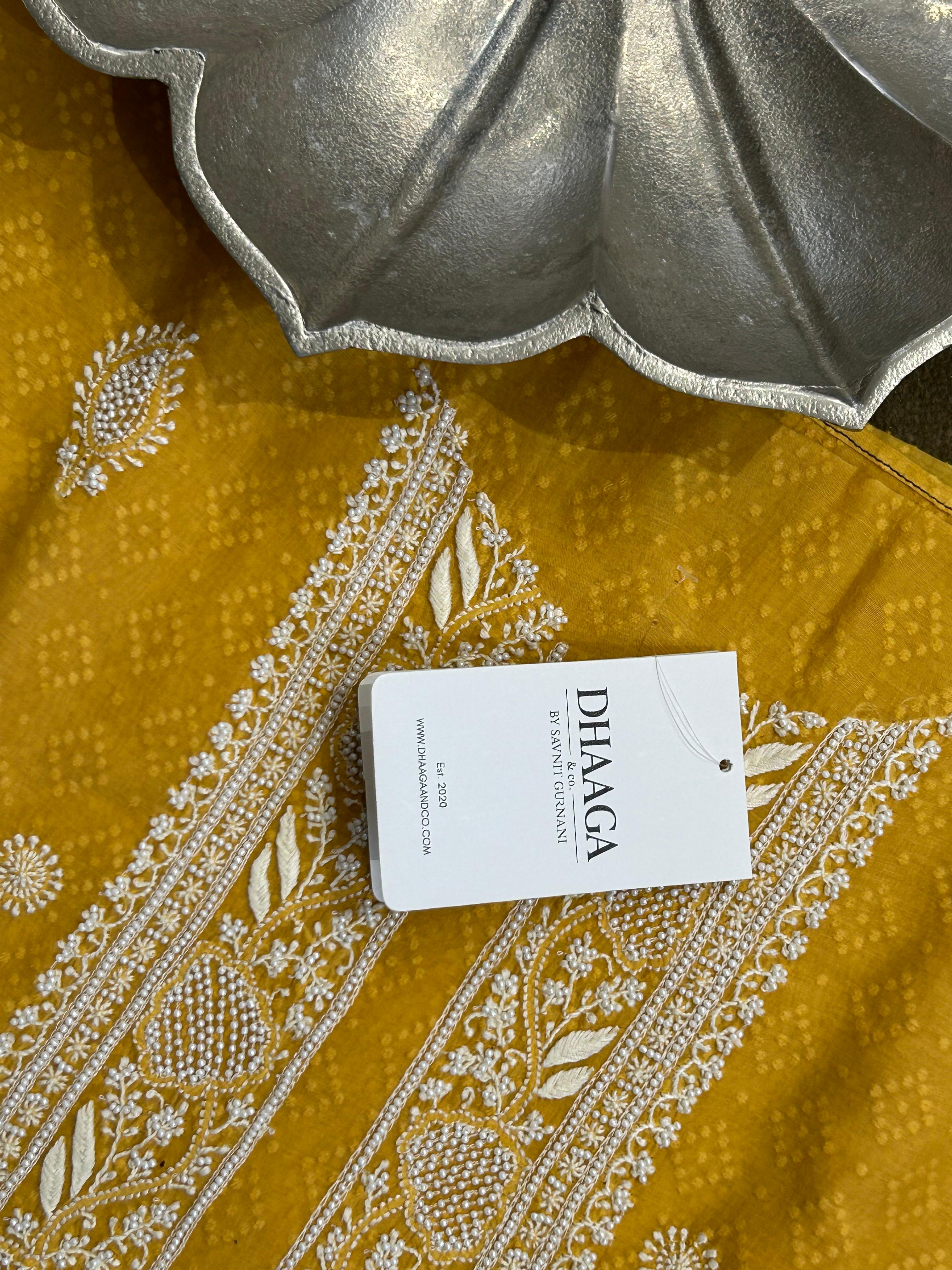 Mustard Mens Mul Chanderi Chikankari Kurta