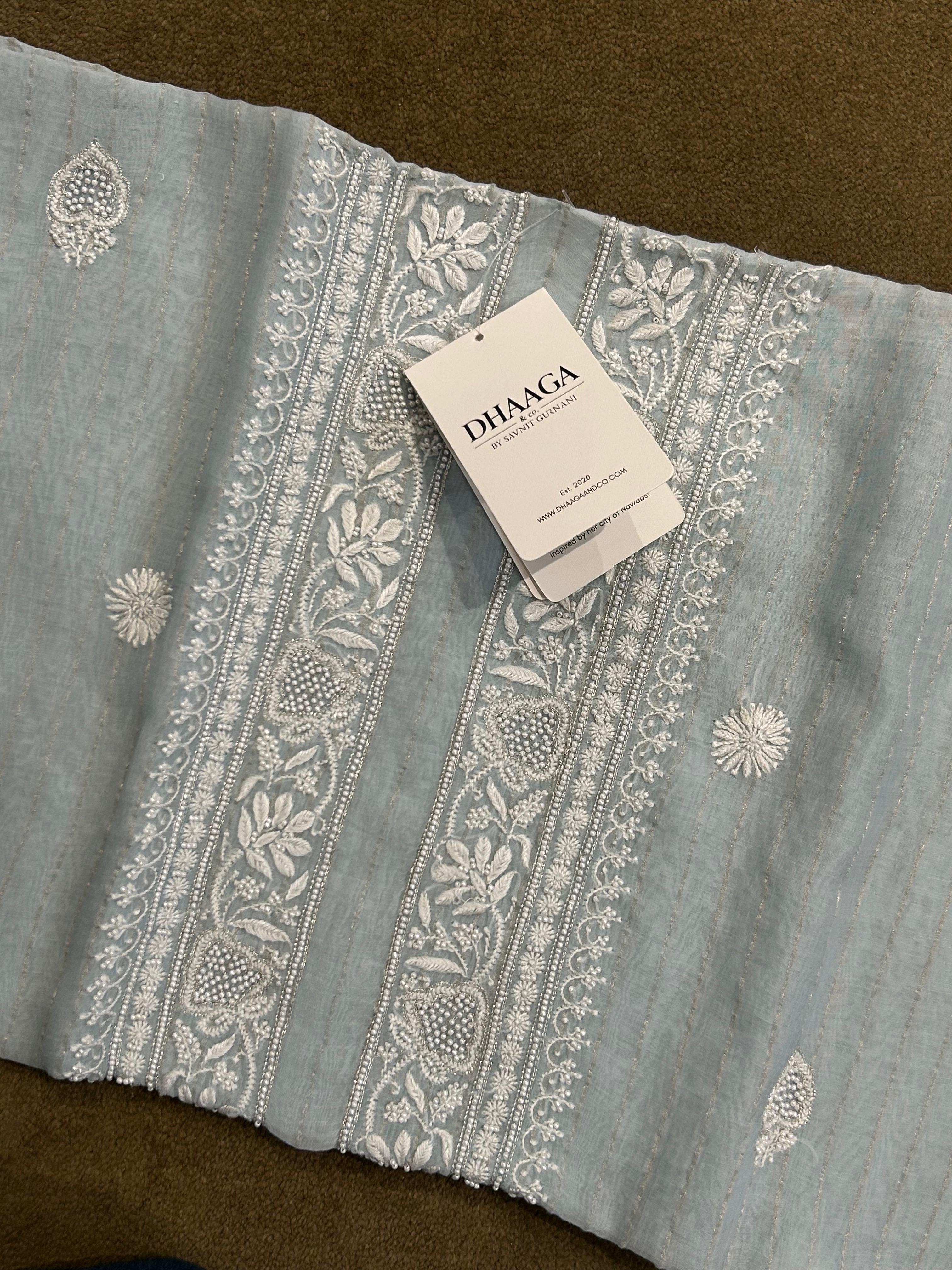 Sky Blue Mens Mul Chanderi Chikankari Kurta