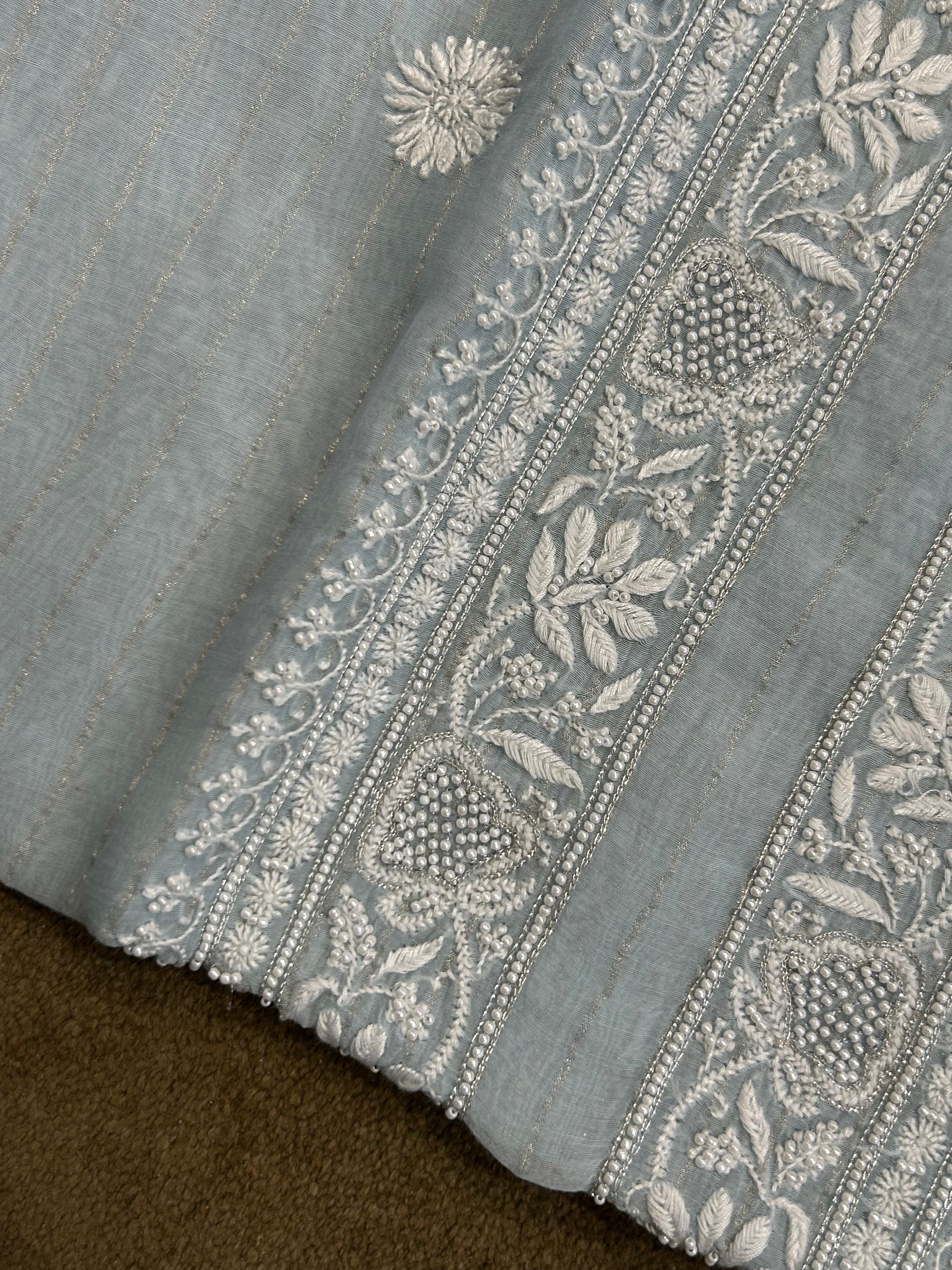 Sky Blue Mens Mul Chanderi Chikankari Kurta