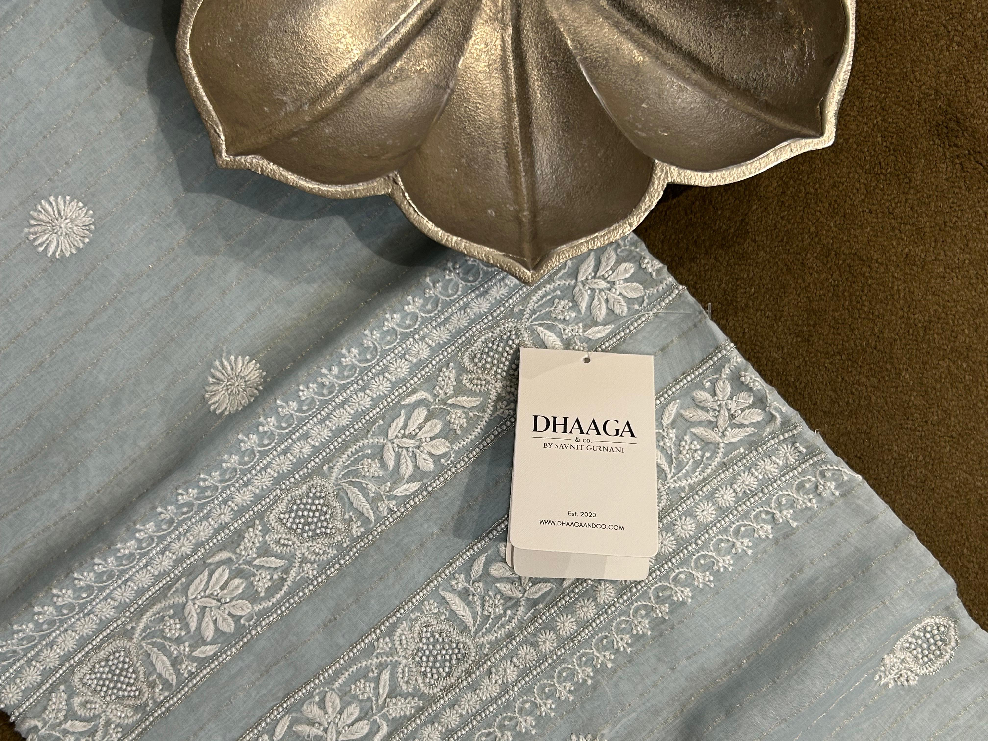 Sky Blue Mens Mul Chanderi Chikankari Kurta