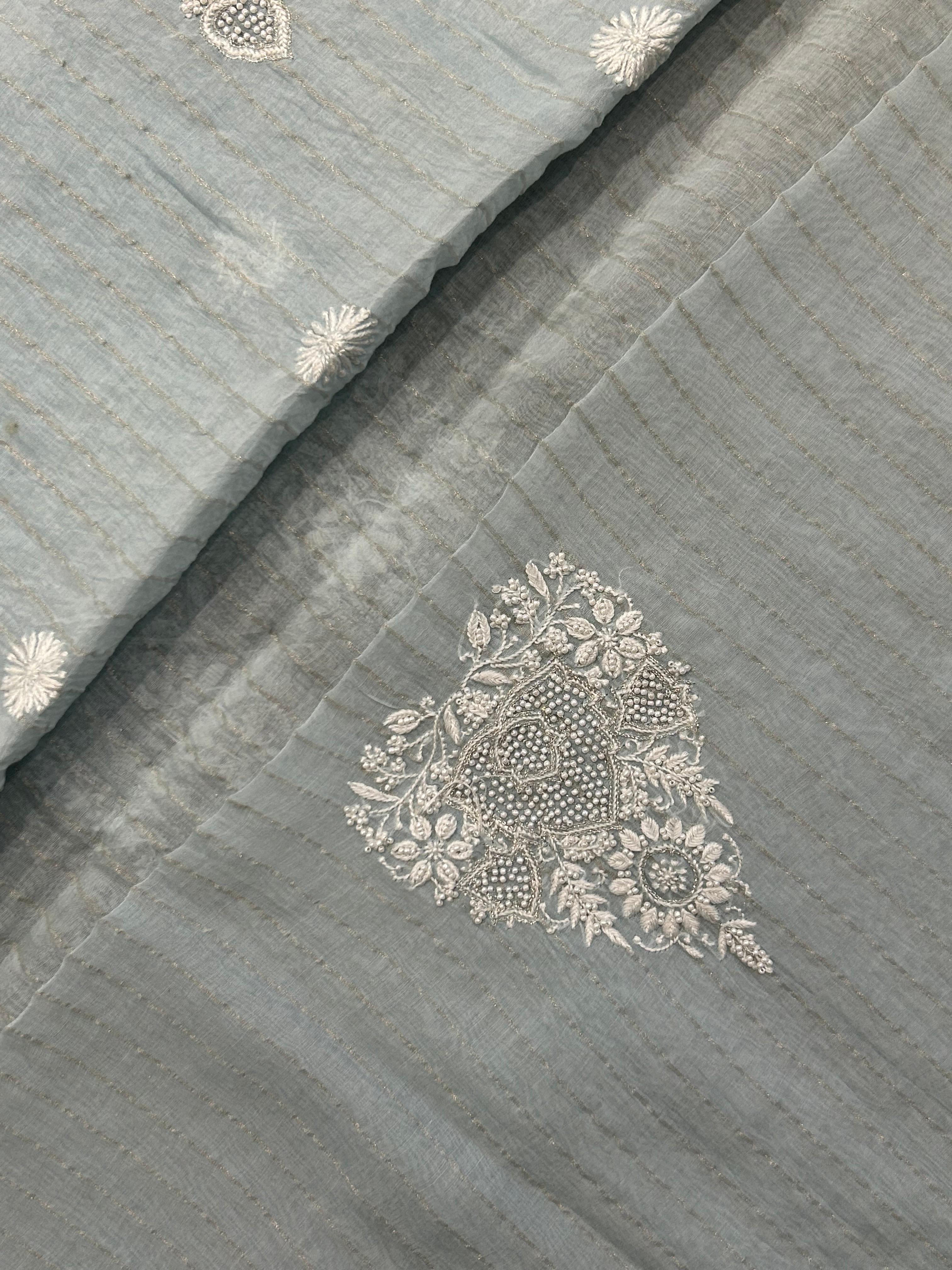 Sky Blue Mens Mul Chanderi Chikankari Kurta