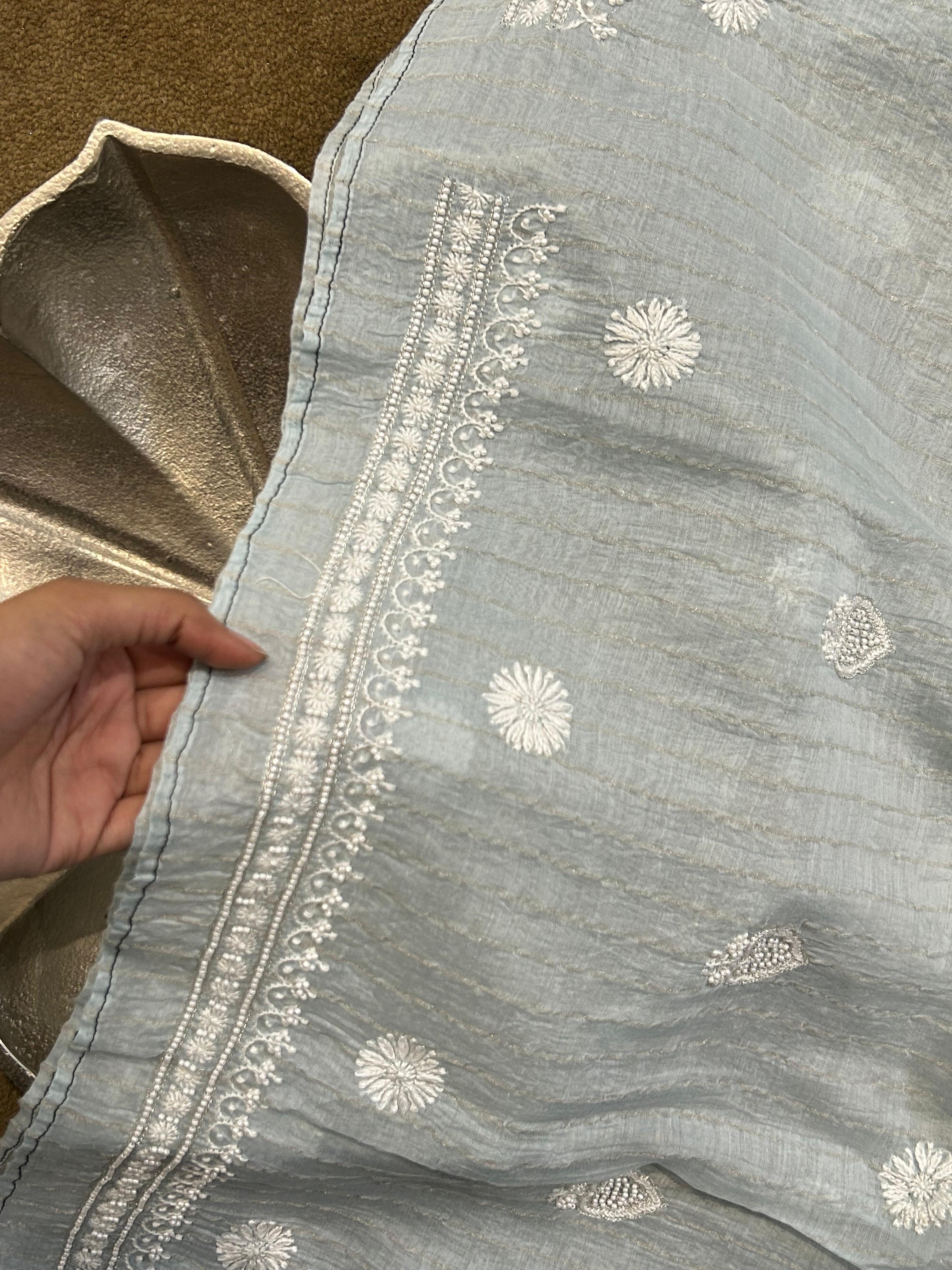 Sky Blue Mens Mul Chanderi Chikankari Kurta