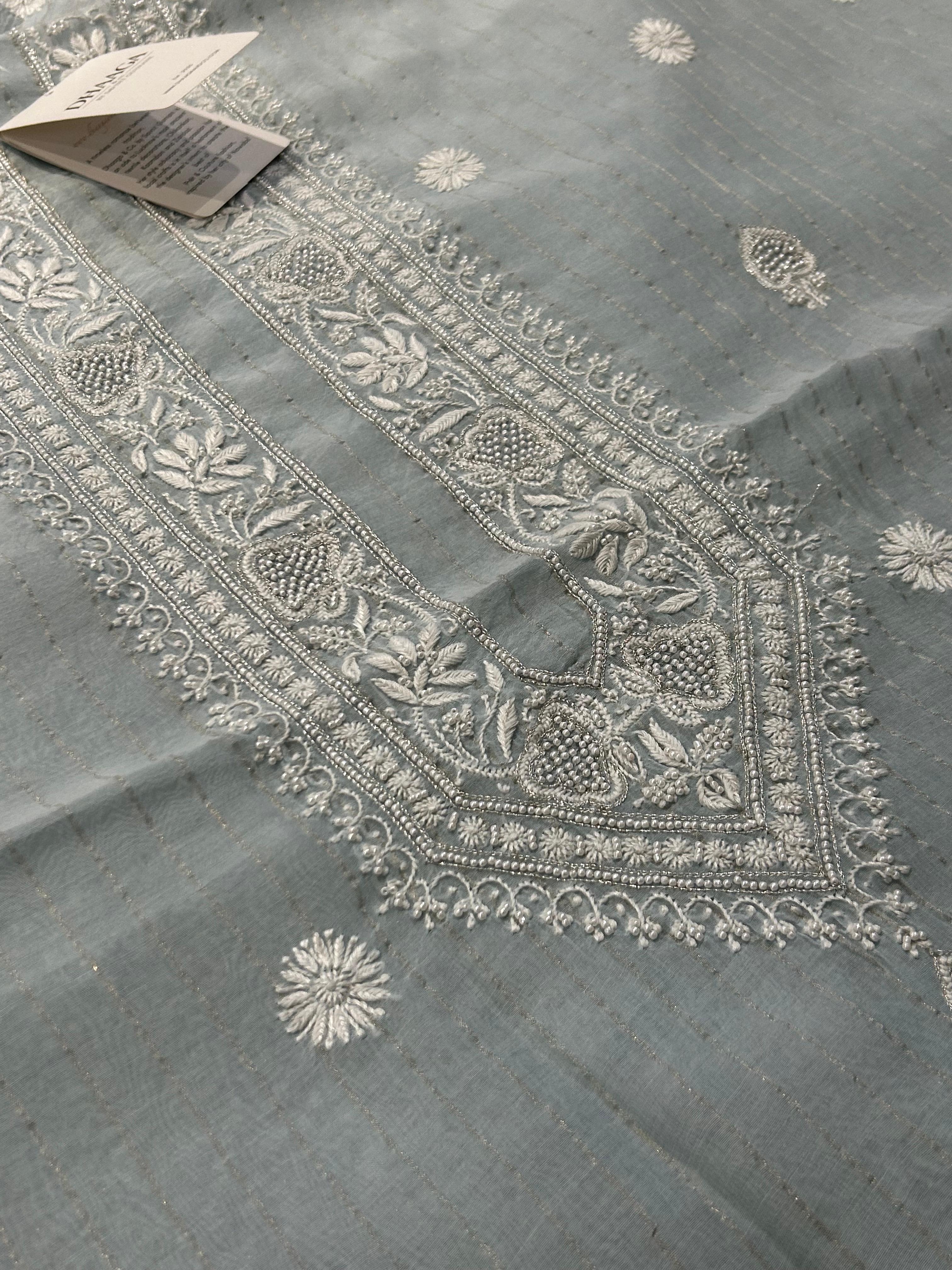 Sky Blue Mens Mul Chanderi Chikankari Kurta