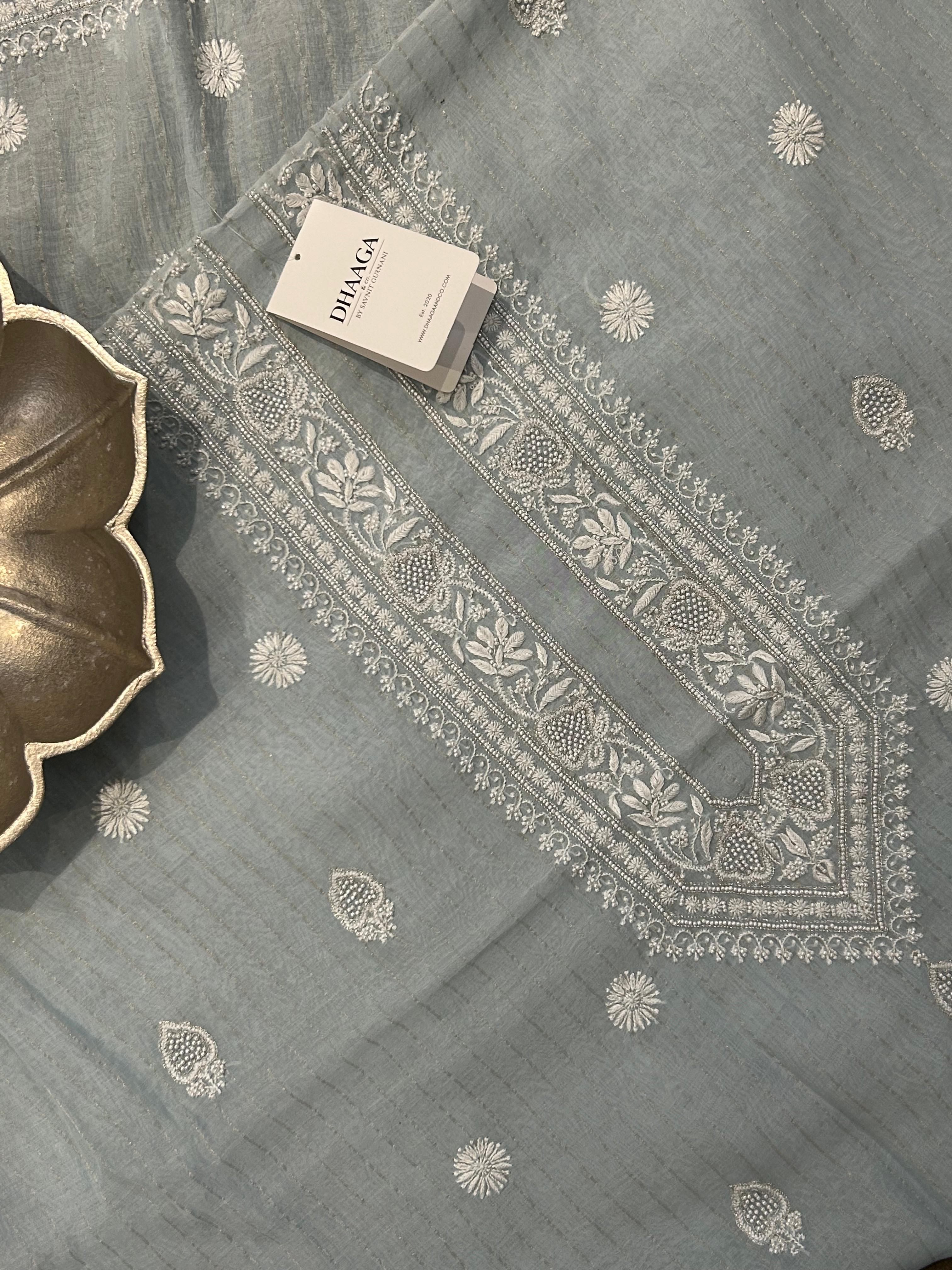 Sky Blue Mens Mul Chanderi Chikankari Kurta