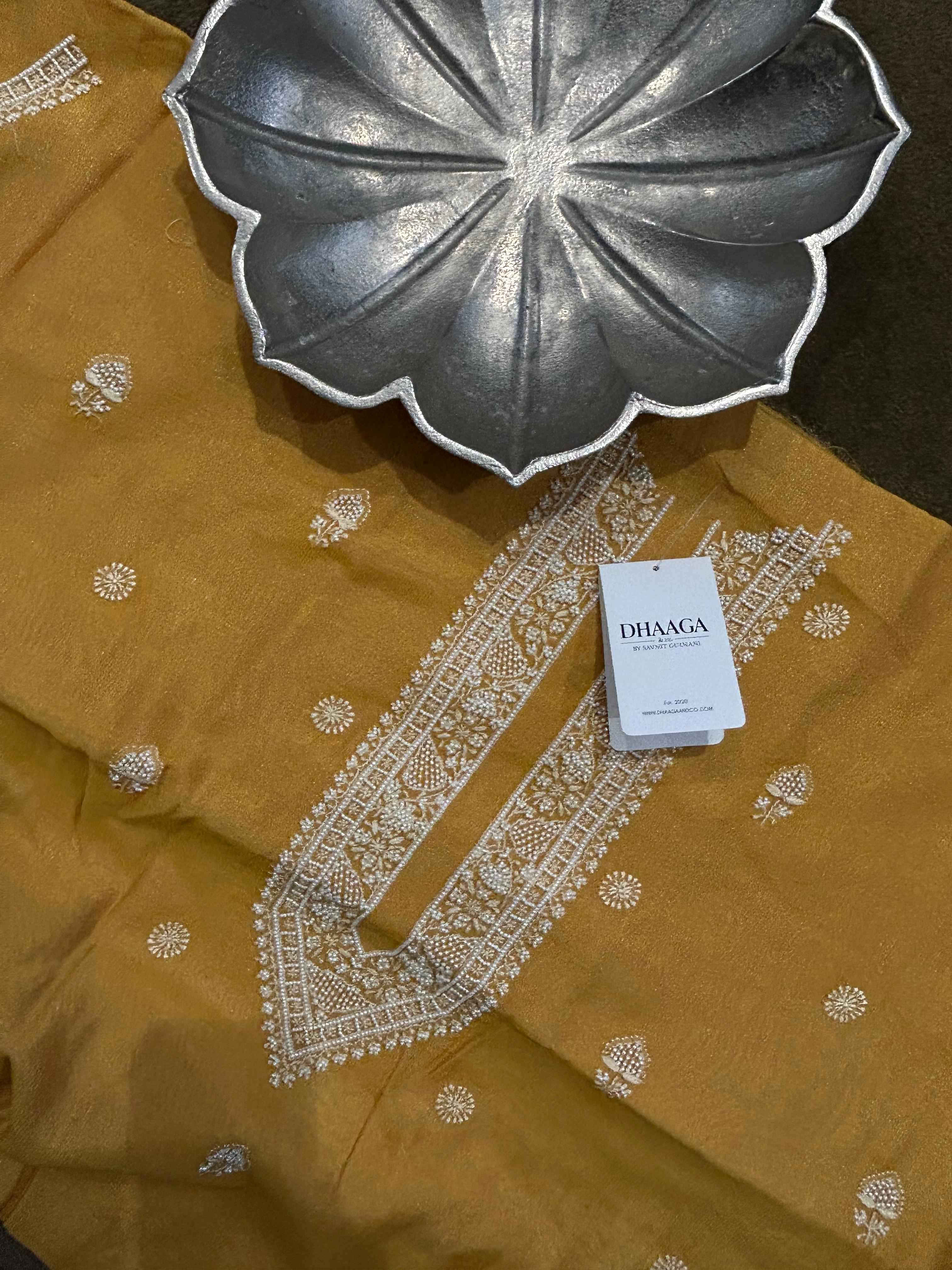 Mustard Mens Tissue Chikankari Kurta