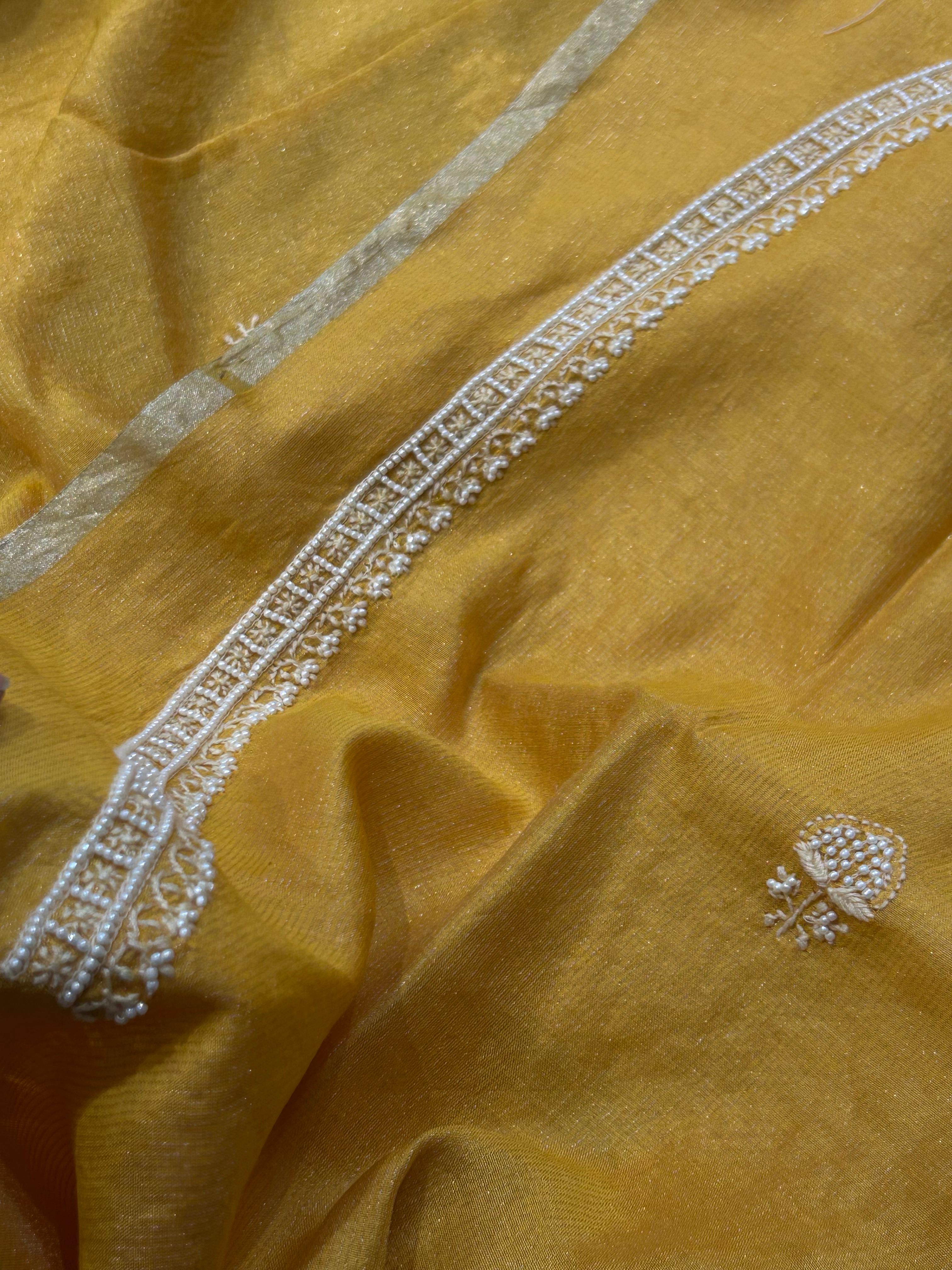 Mustard Mens Tissue Chikankari Kurta