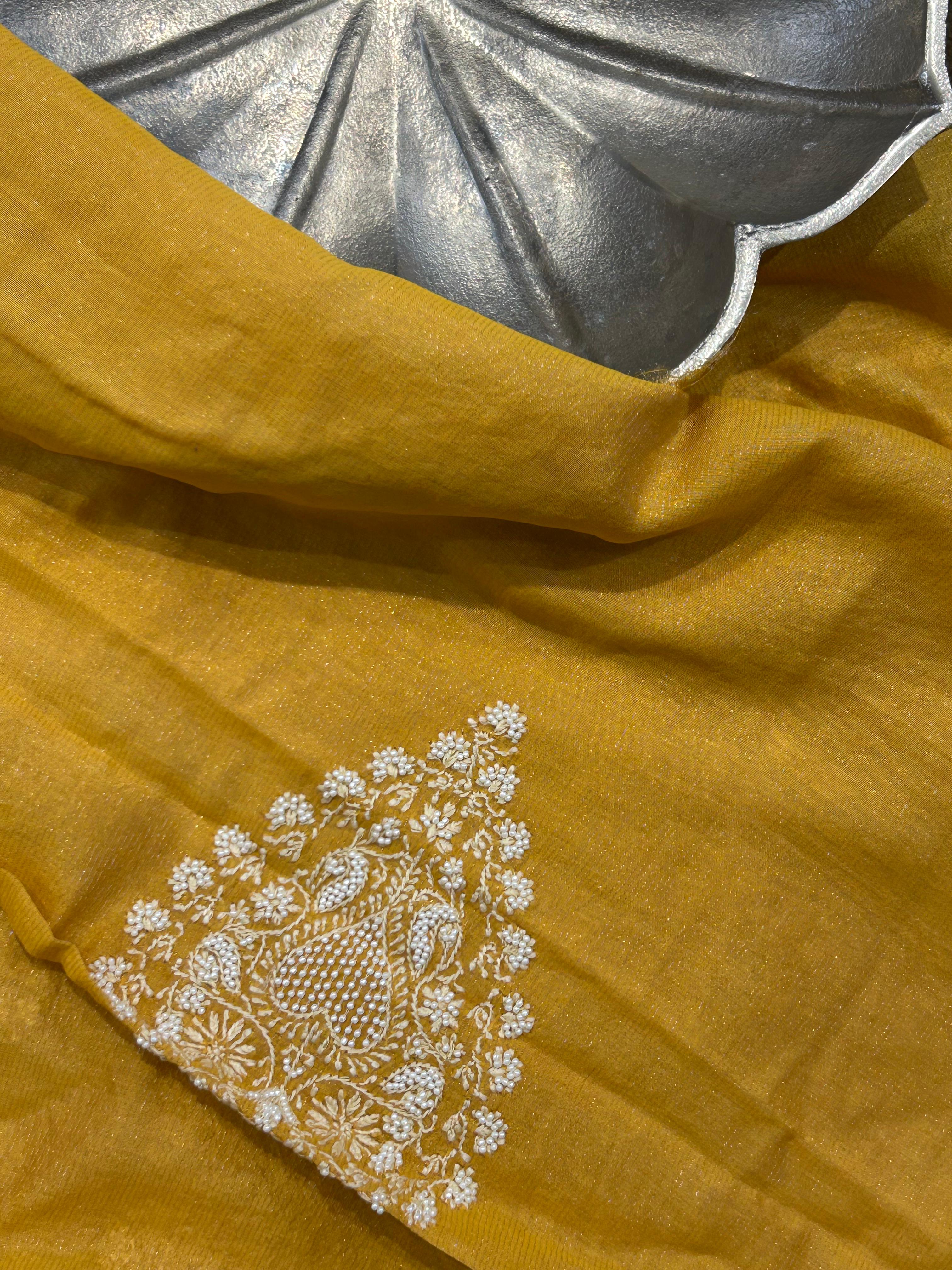 Mustard Mens Tissue Chikankari Kurta