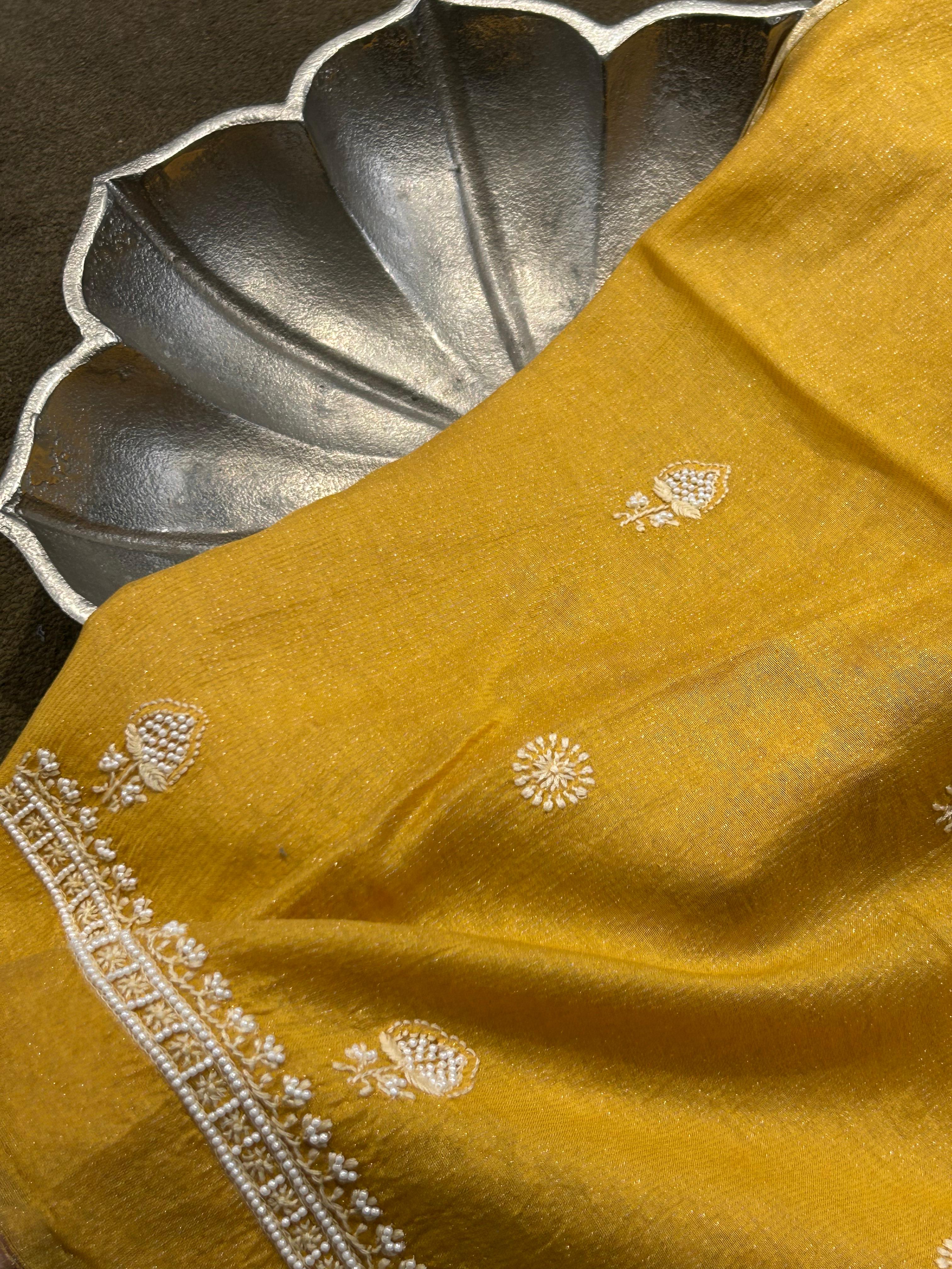 Mustard Mens Tissue Chikankari Kurta