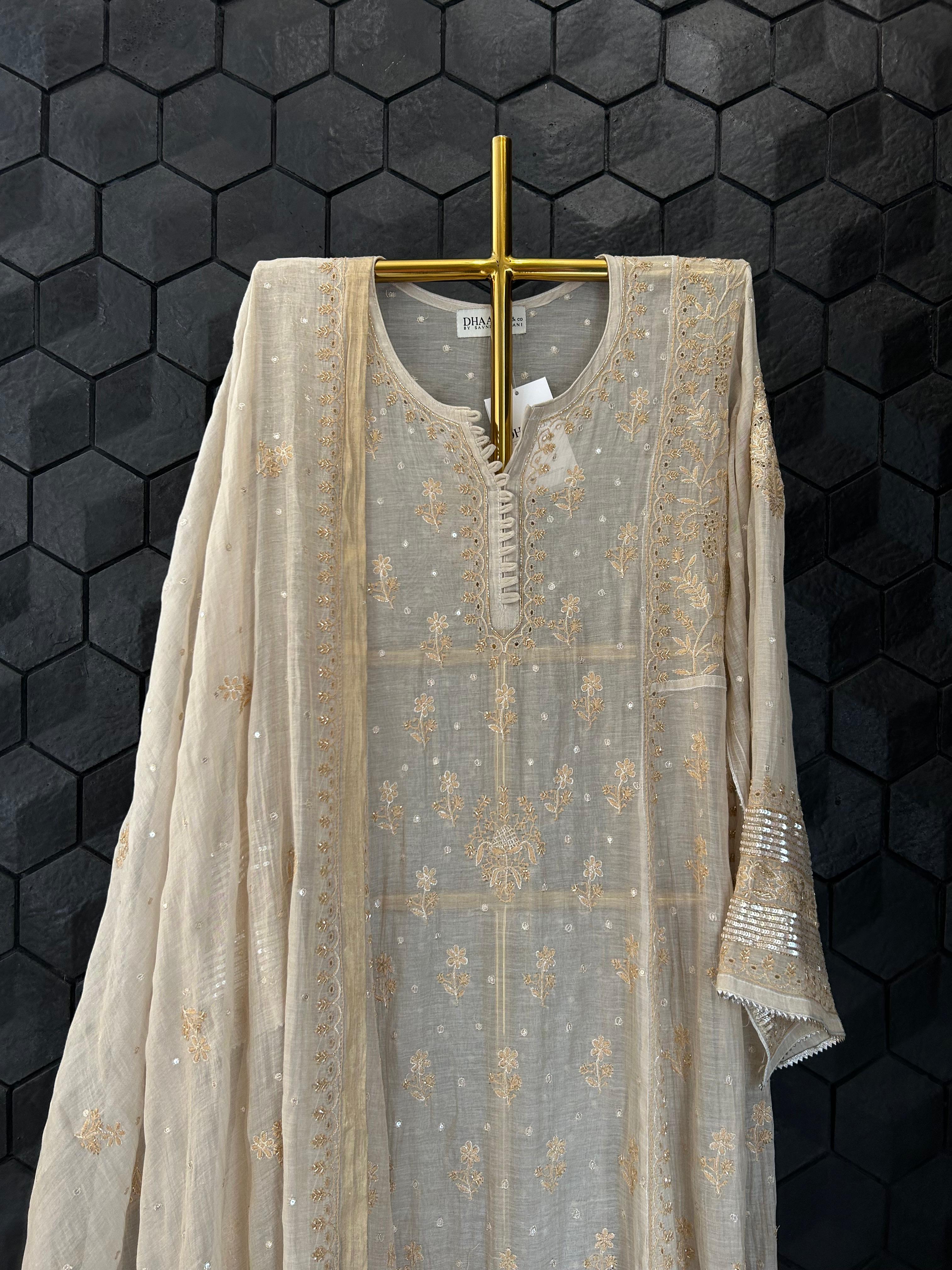 Golden Tissue Chikankari Anarkali Set