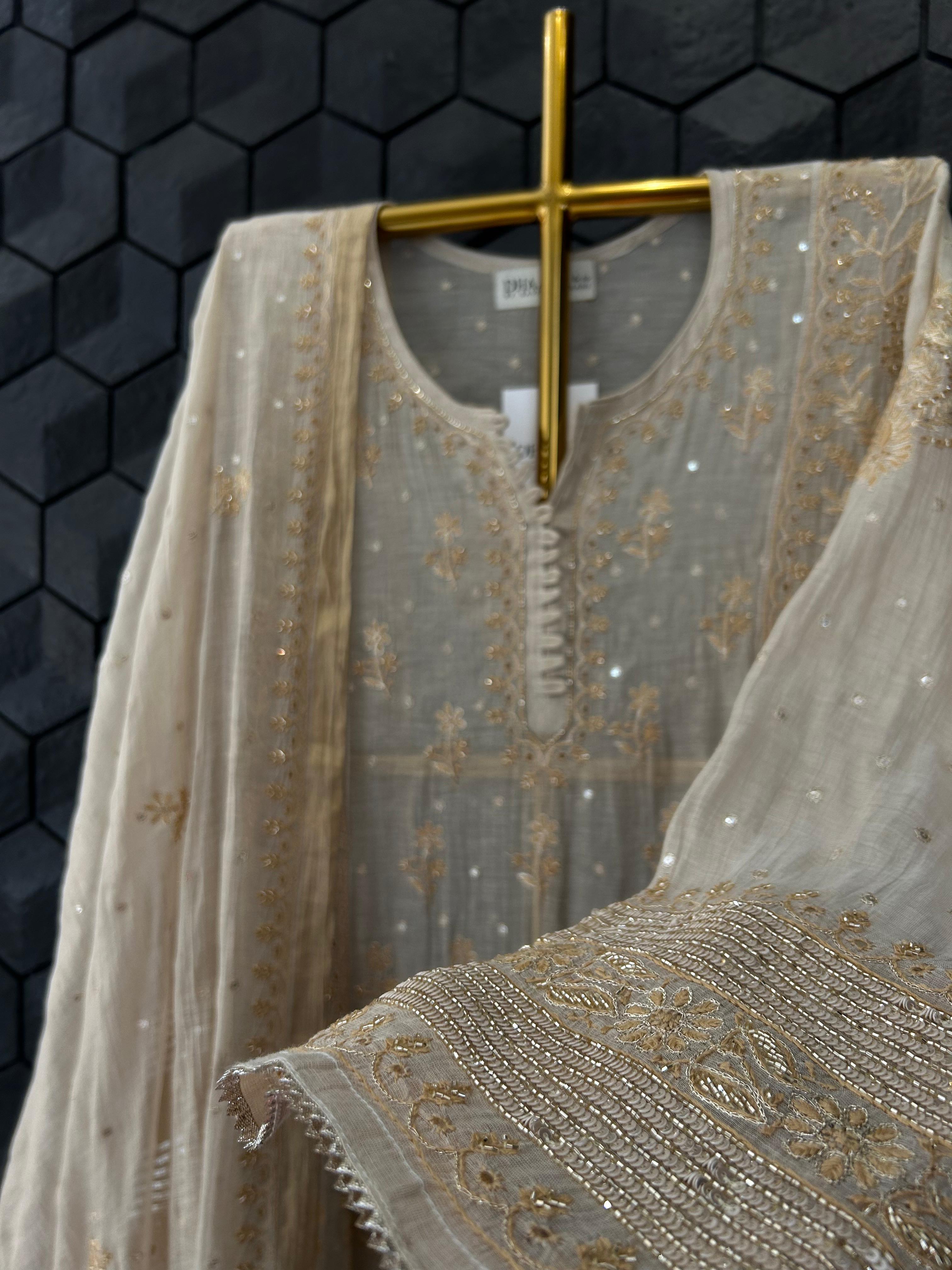 Golden Tissue Chikankari Anarkali Set