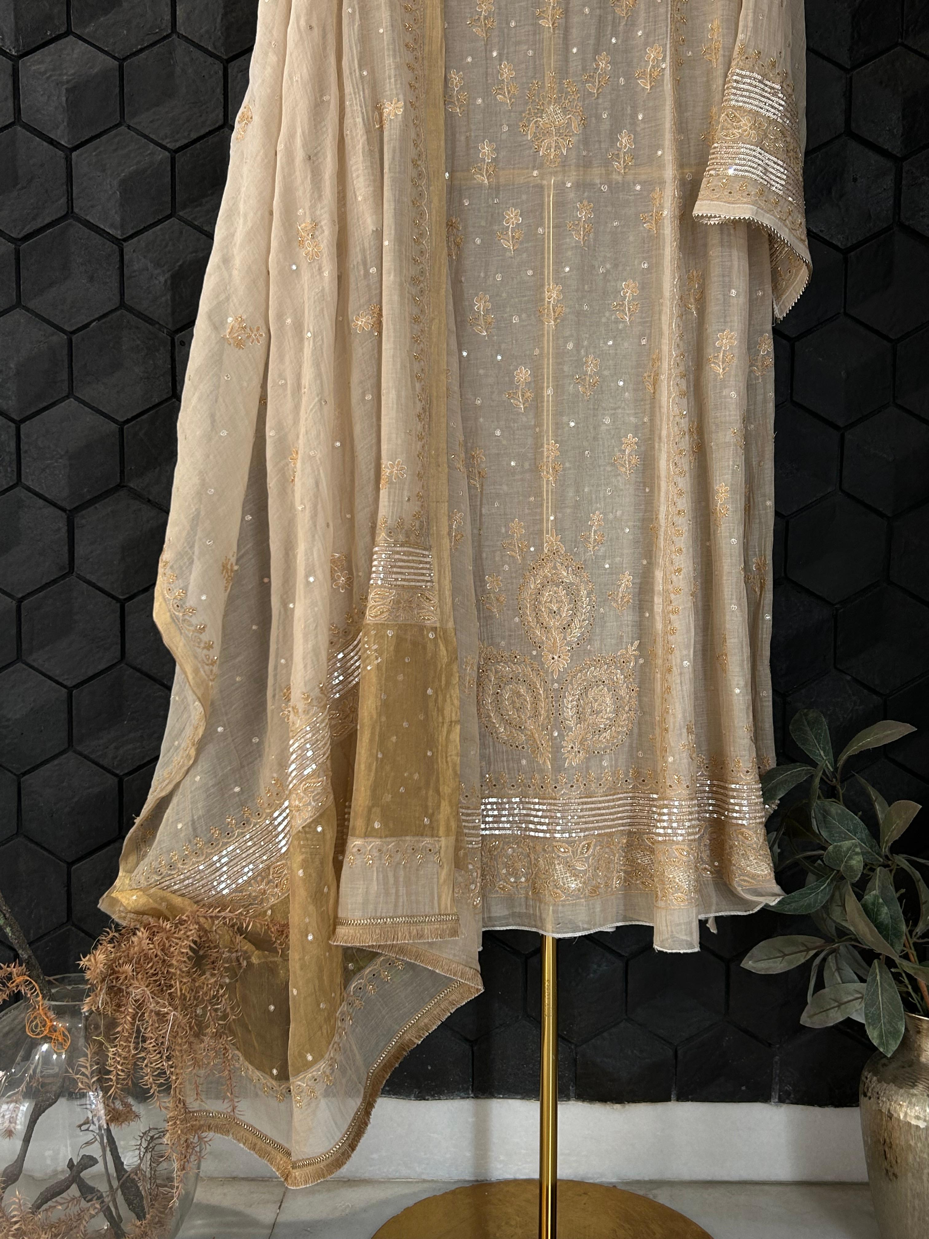 Golden Tissue Chikankari Anarkali Set