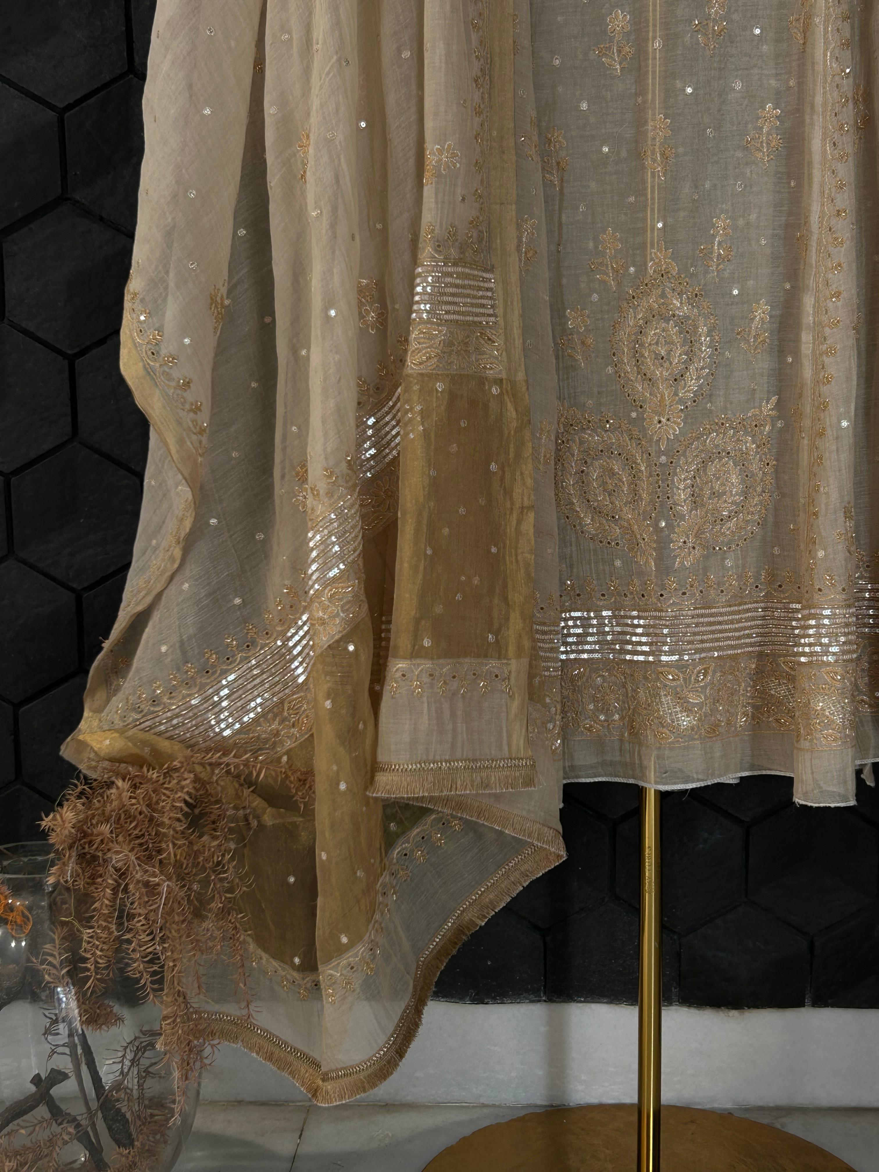 Golden Tissue Chikankari Anarkali Set