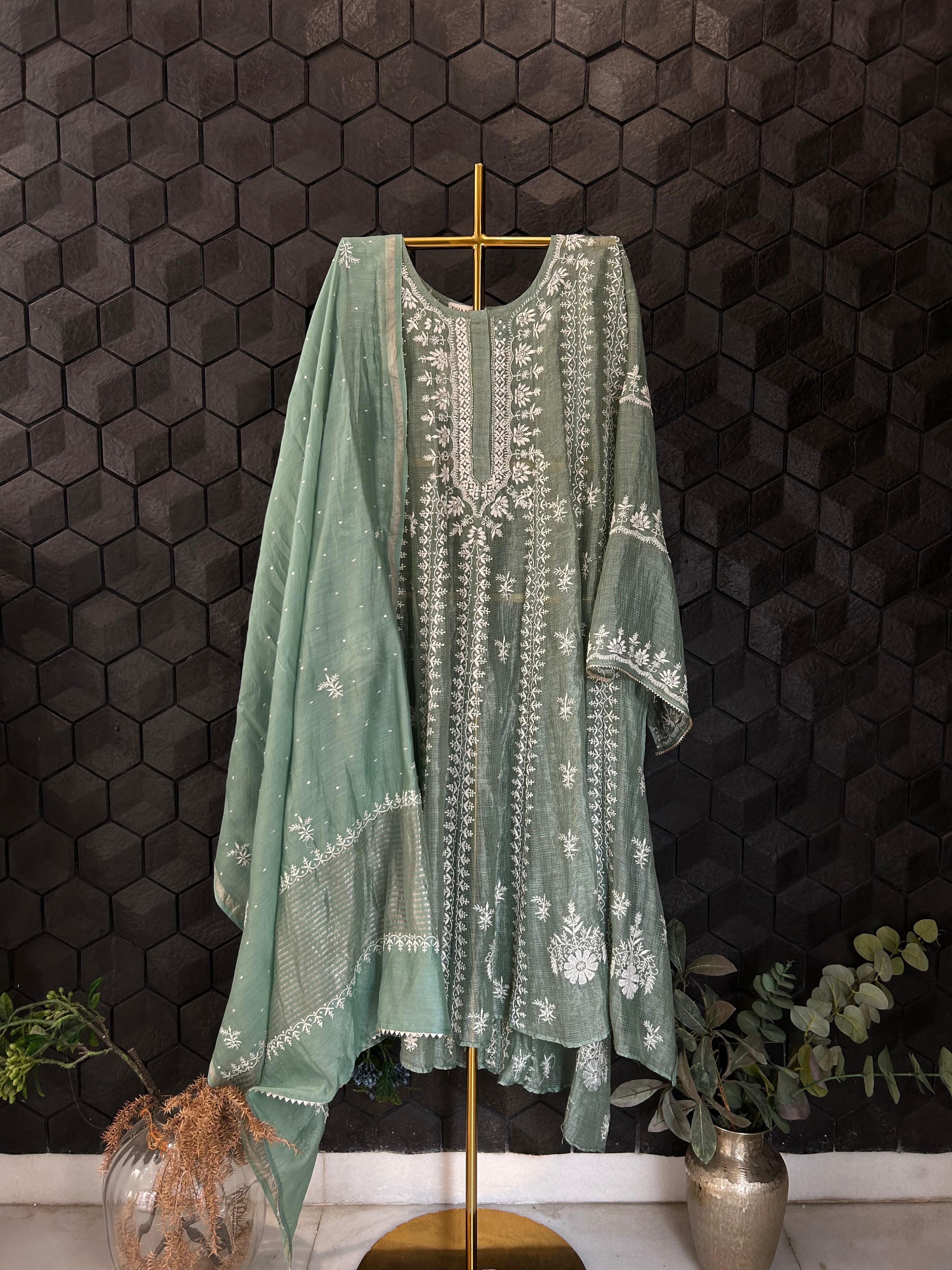 Sage Green Tissue Kota Chikankari Anarkali Set