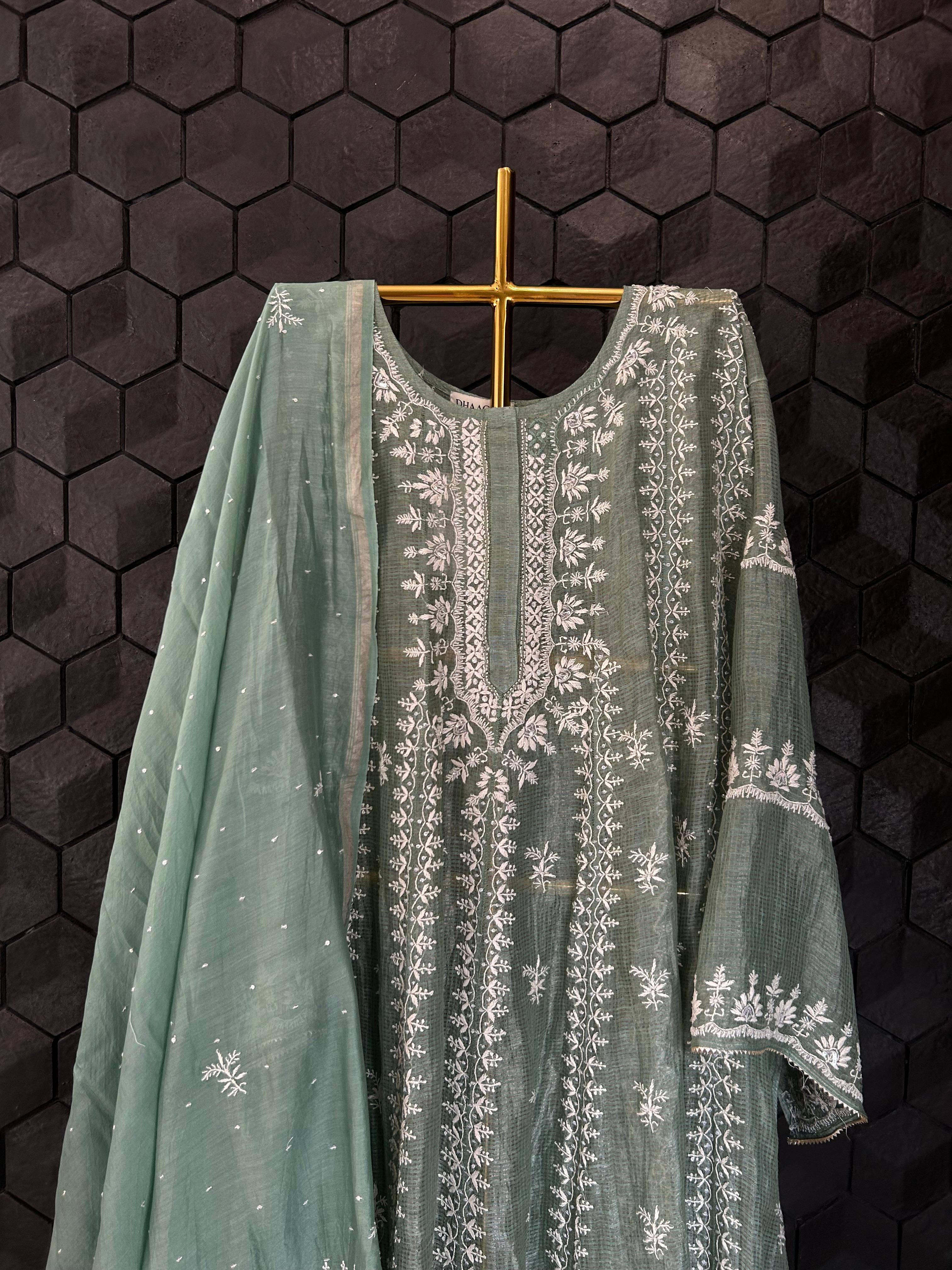 Sage Green Tissue Kota Chikankari Anarkali Set