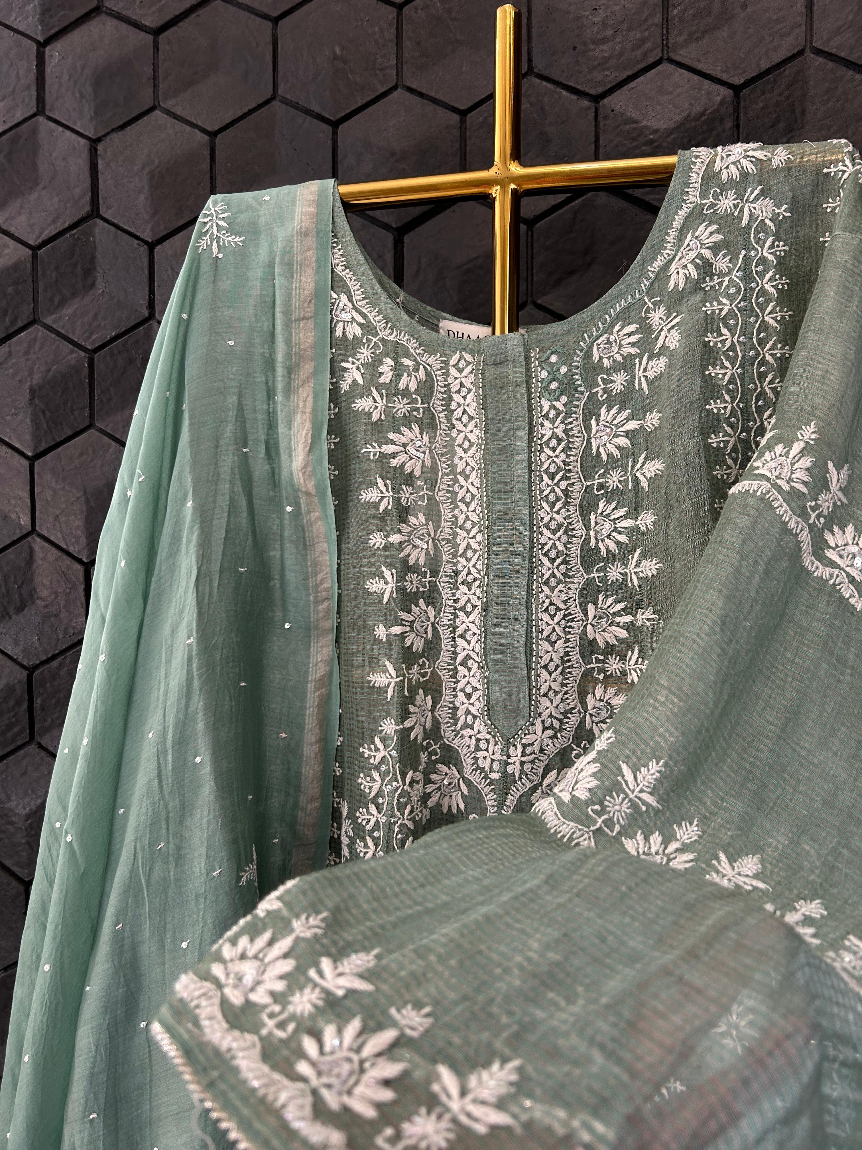 Sage Green Tissue Kota Chikankari Anarkali Set