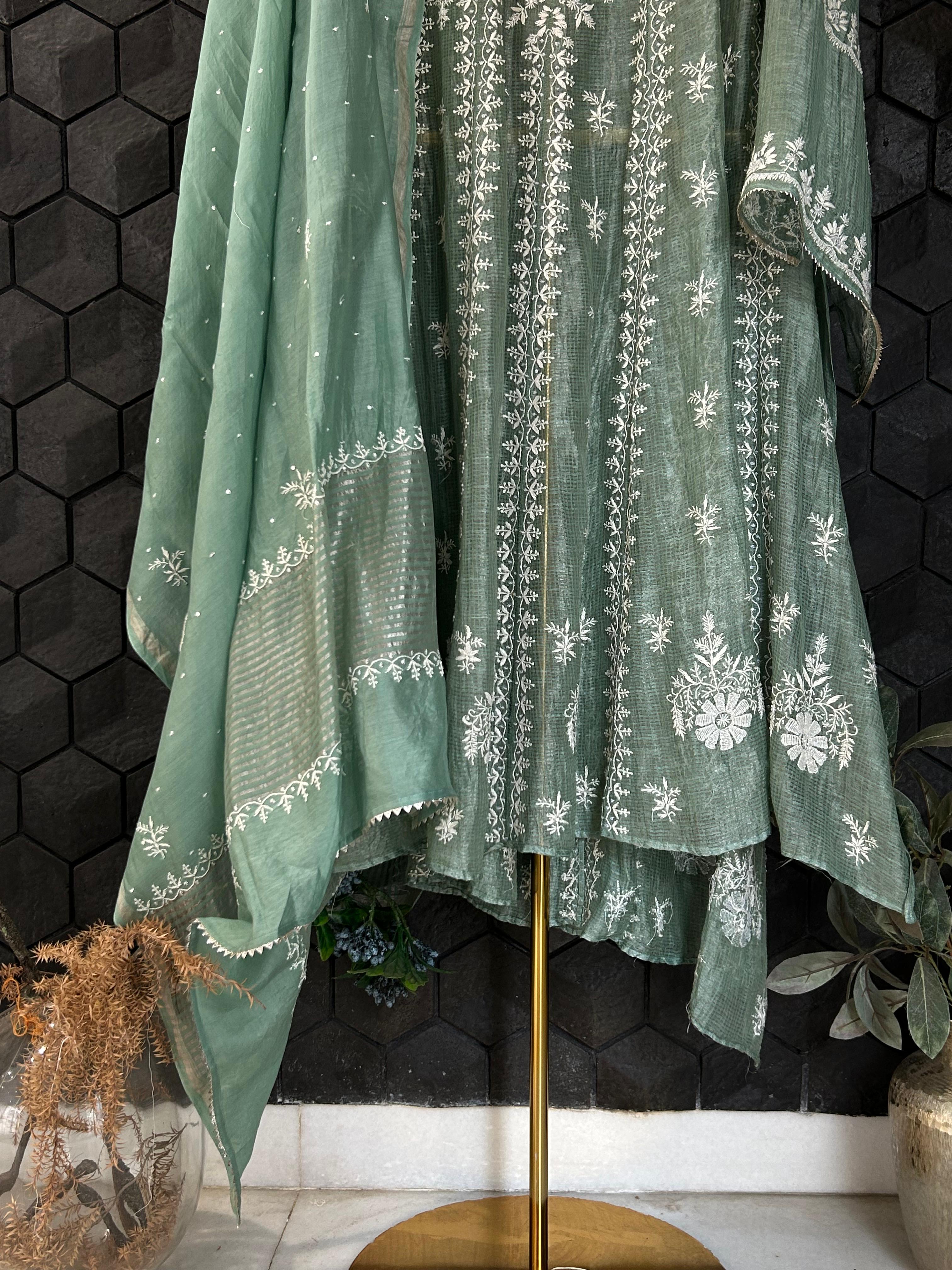 Sage Green Tissue Kota Chikankari Anarkali Set